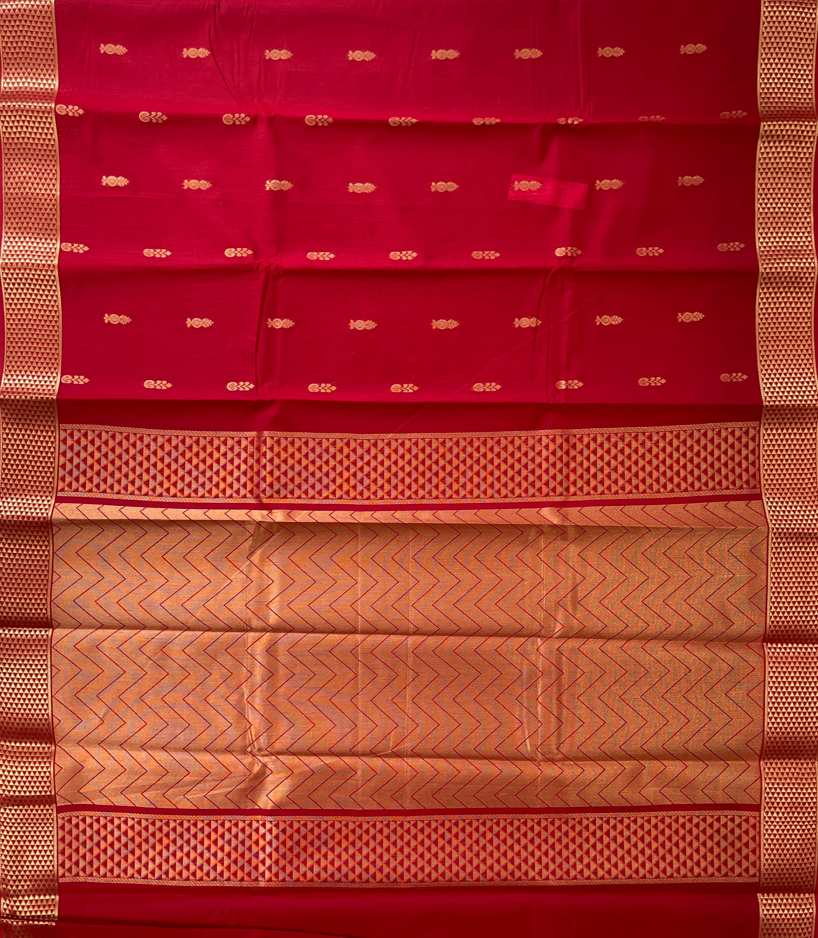 Red Budget Semi Silk Cotton Saree With Zari Buttas Pattern