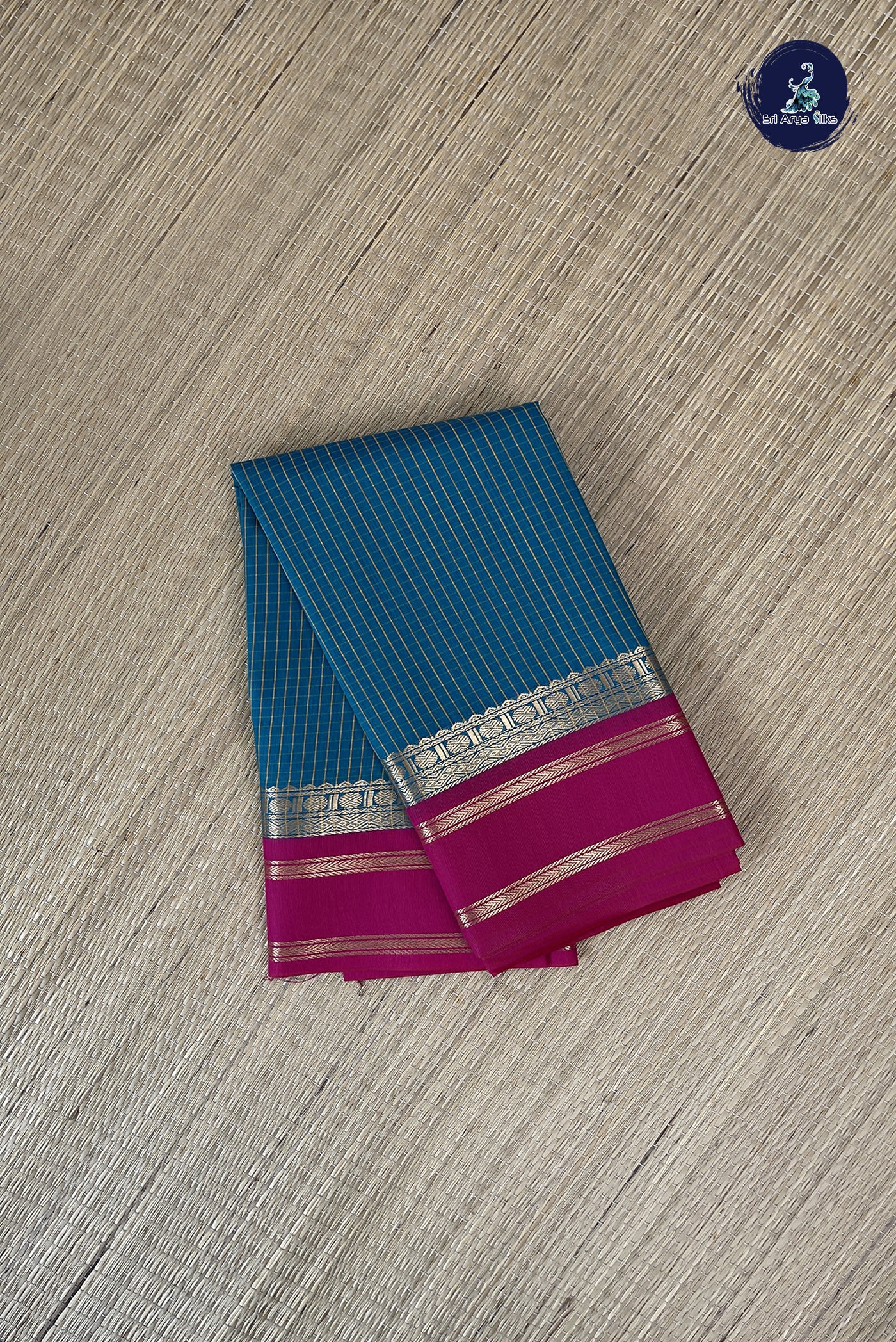 Sapphire Green Budget Semi Silk Cotton Saree With Checked Pattern