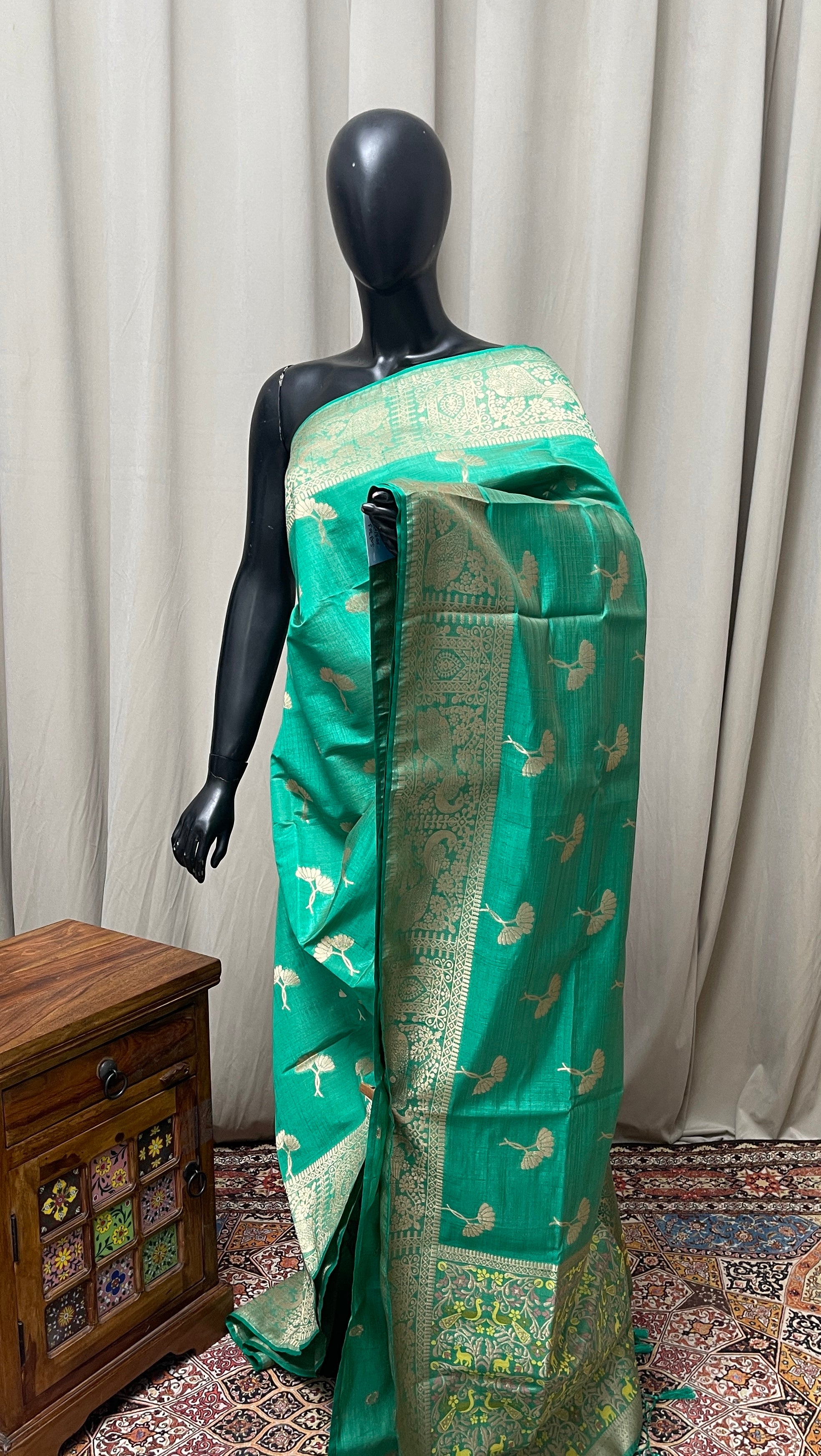 Green Semi Tussar Saree With Zari Buttas Pattern