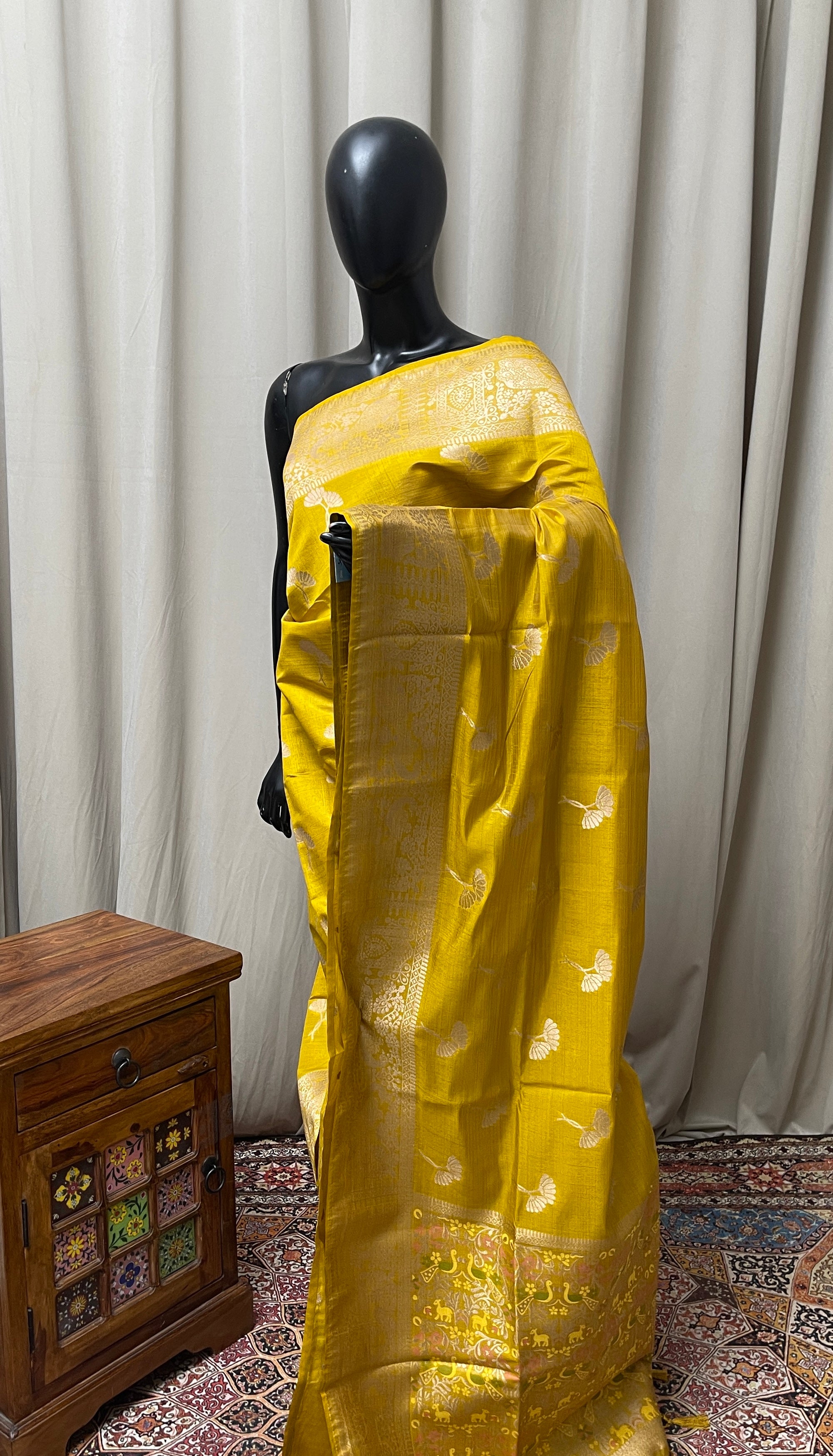 Yellow Semi Tussar Saree With Zari Buttas Pattern