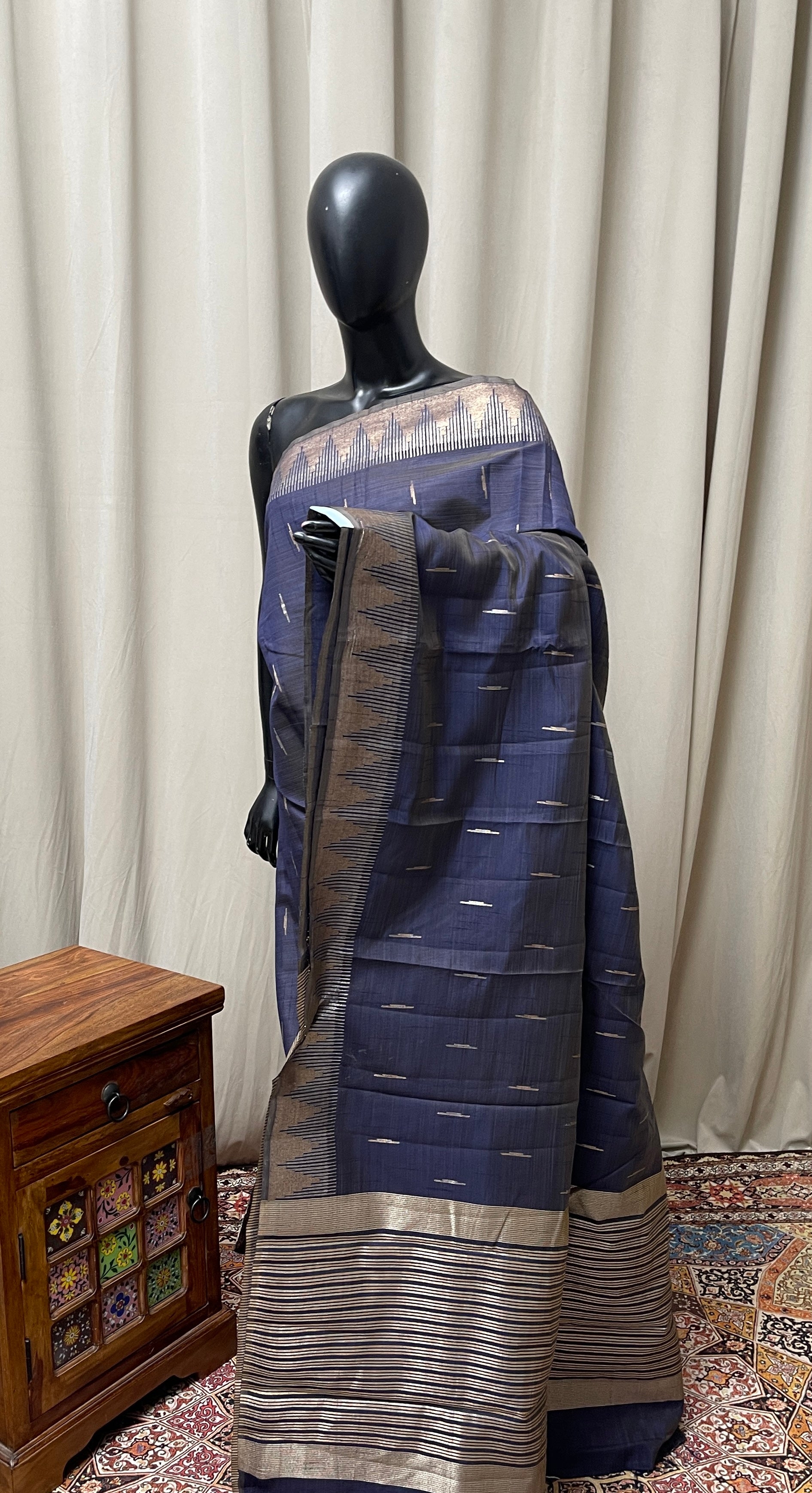 Bluish Grey Semi Tussar Saree With Zari Buttas Pattern