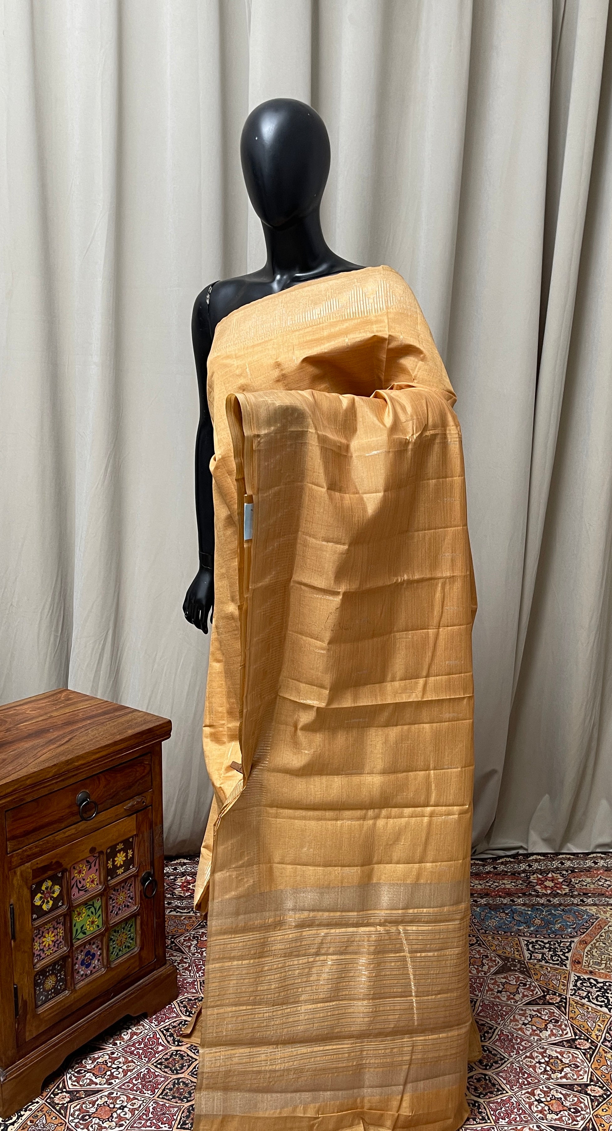 Fawn Semi Tussar Saree With Zari Buttas Pattern