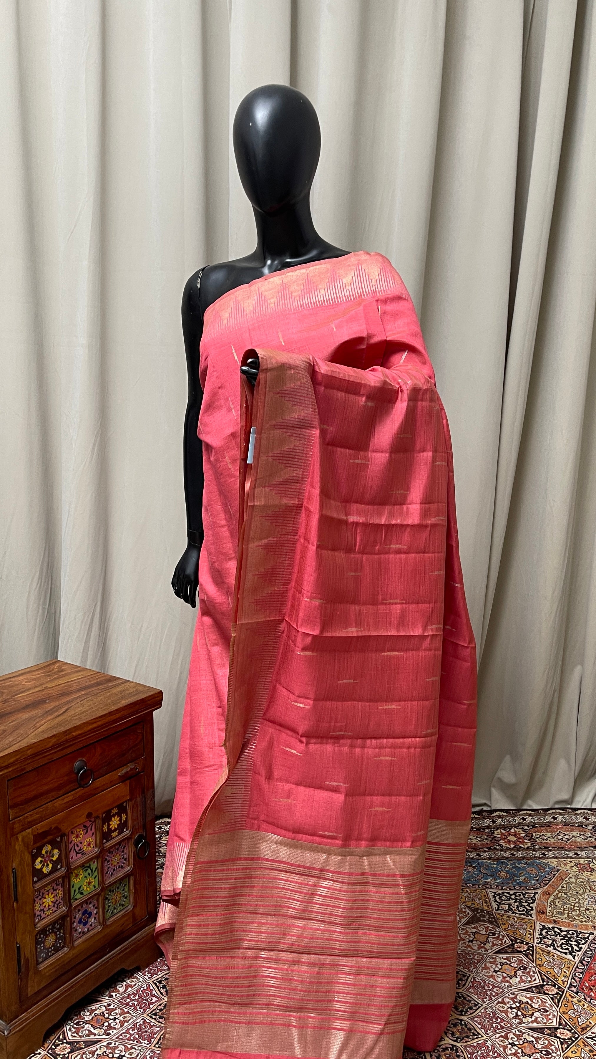 Pink Semi Tussar Saree With Zari Buttas Pattern