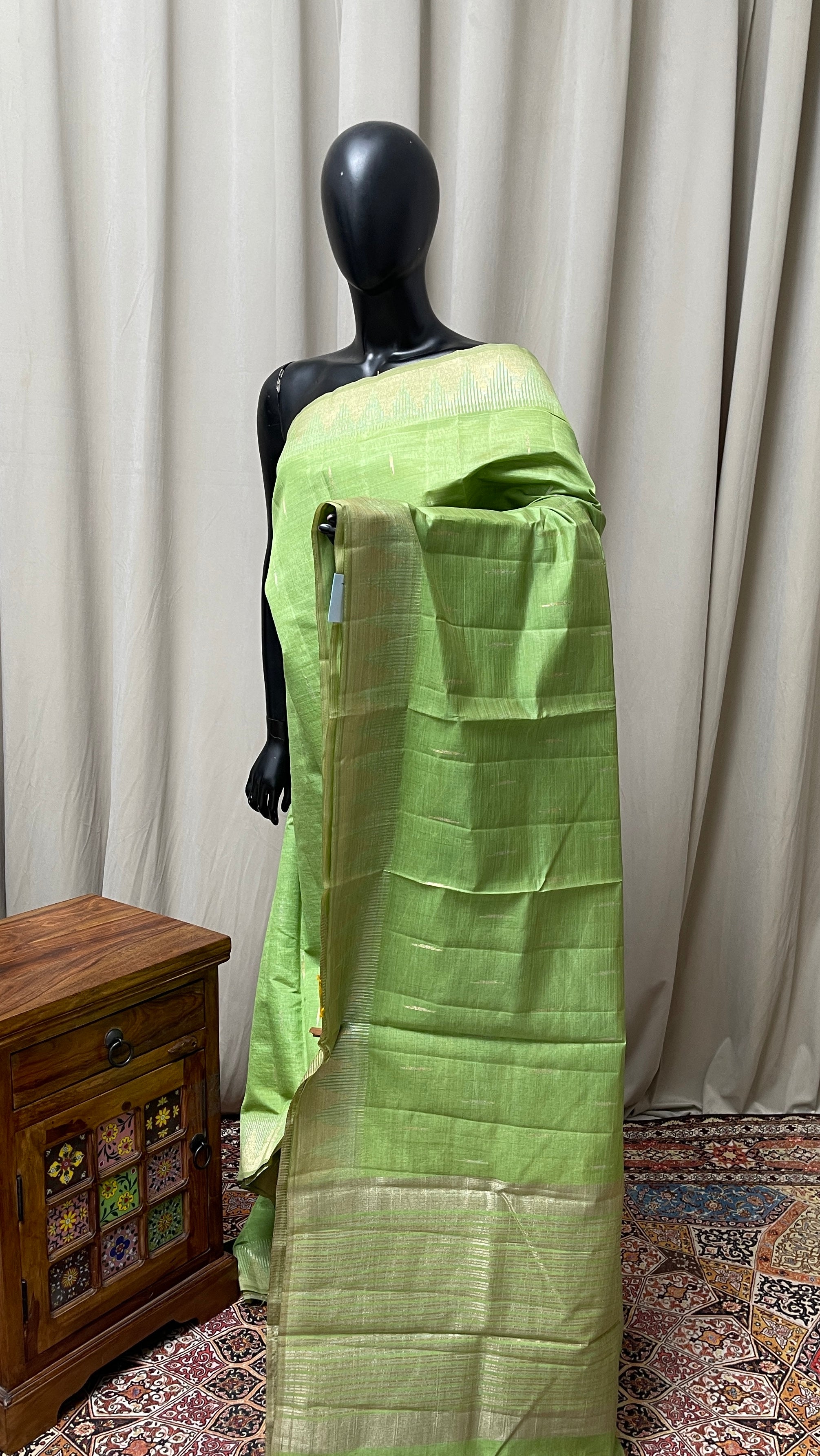 Pista Green Semi Tussar Saree With Zari Buttas Pattern