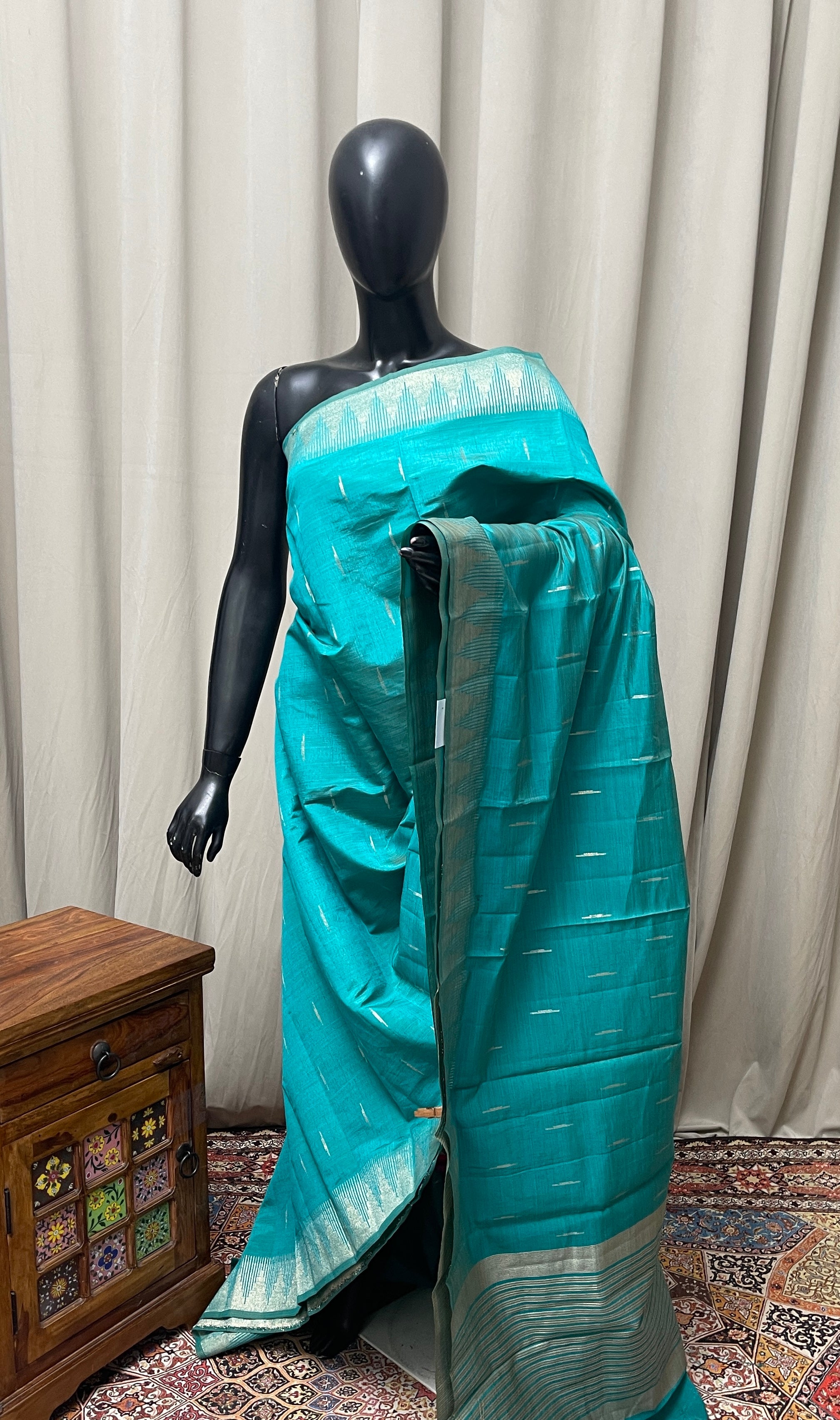 Teal Semi Tussar Saree With Zari Buttas Pattern