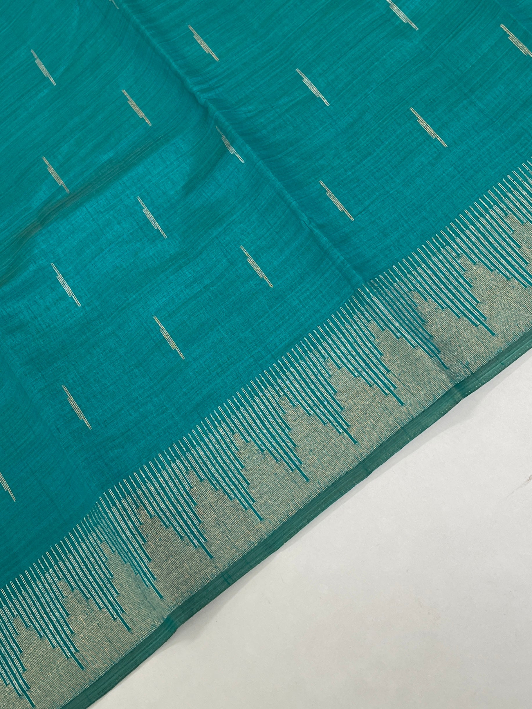 Teal Semi Tussar Saree With Zari Buttas Pattern
