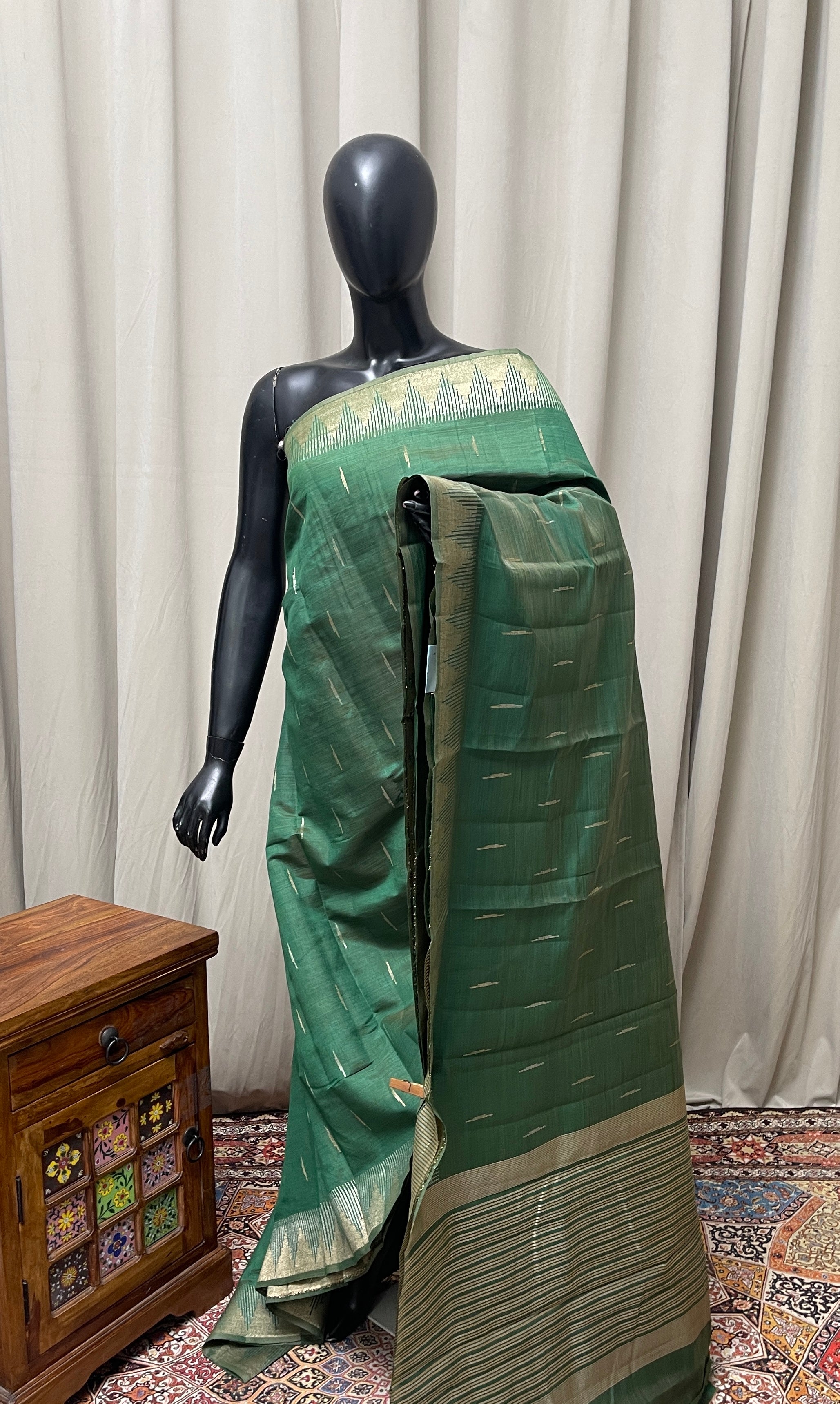 Green Semi Tussar Saree With Zari Buttas Pattern