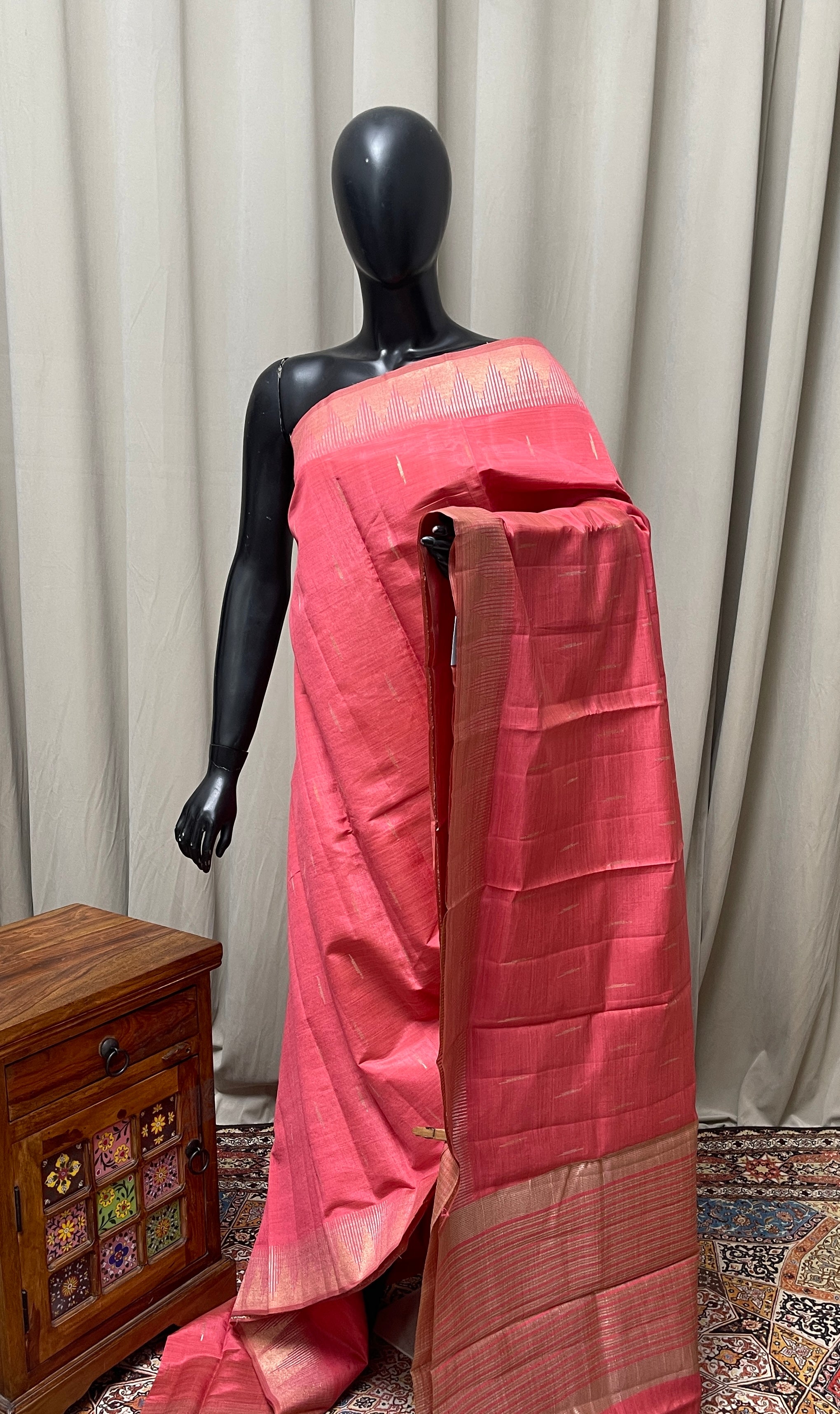Pink Semi Tussar Saree With Zari Buttas Pattern