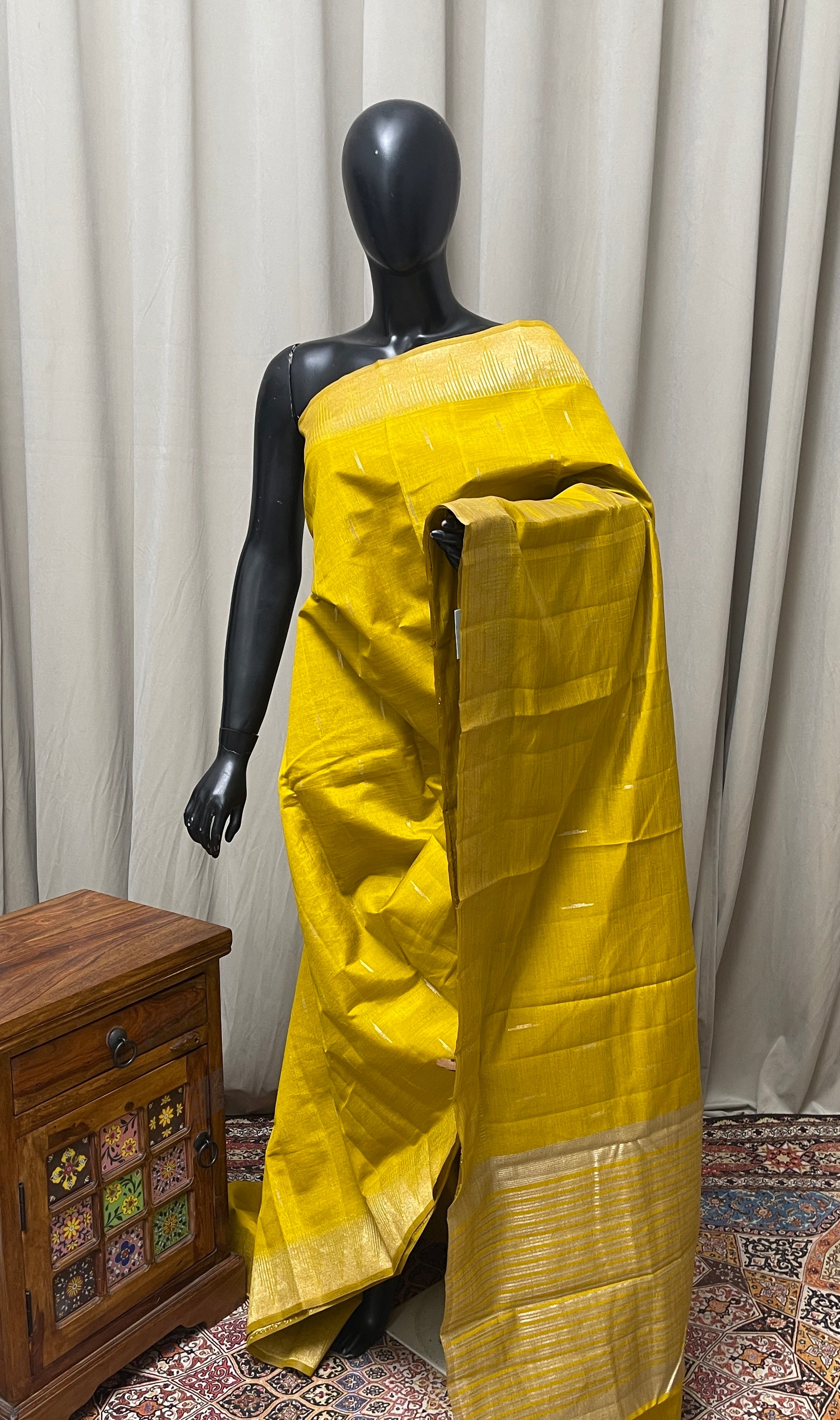 Mustard Yellow Semi Tussar Saree With Zari Buttas Pattern