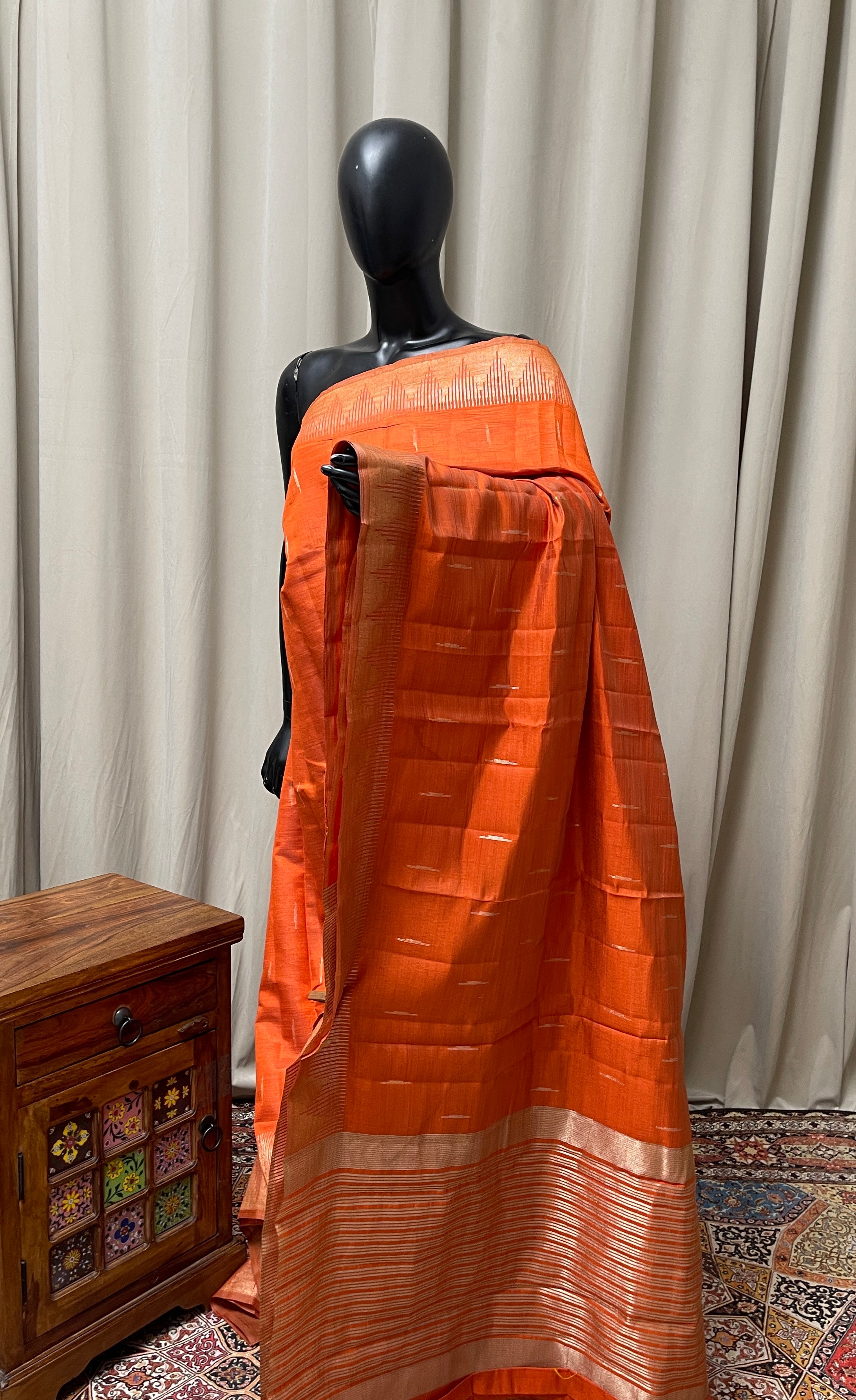 Orange Semi Tussar Saree With Zari Buttas Pattern
