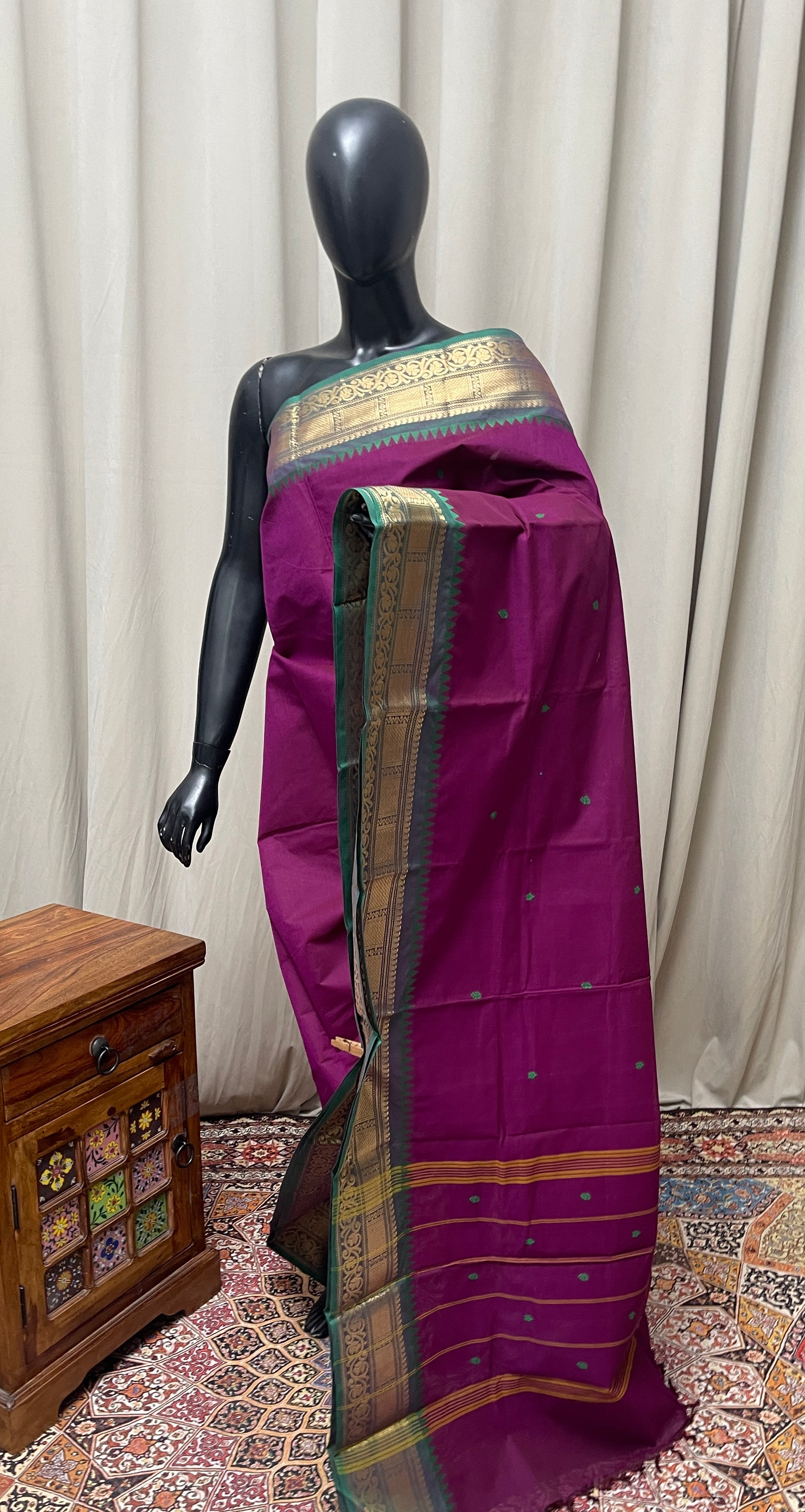 Dark Plum Kanchi Cotton Saree With Buttas Pattern