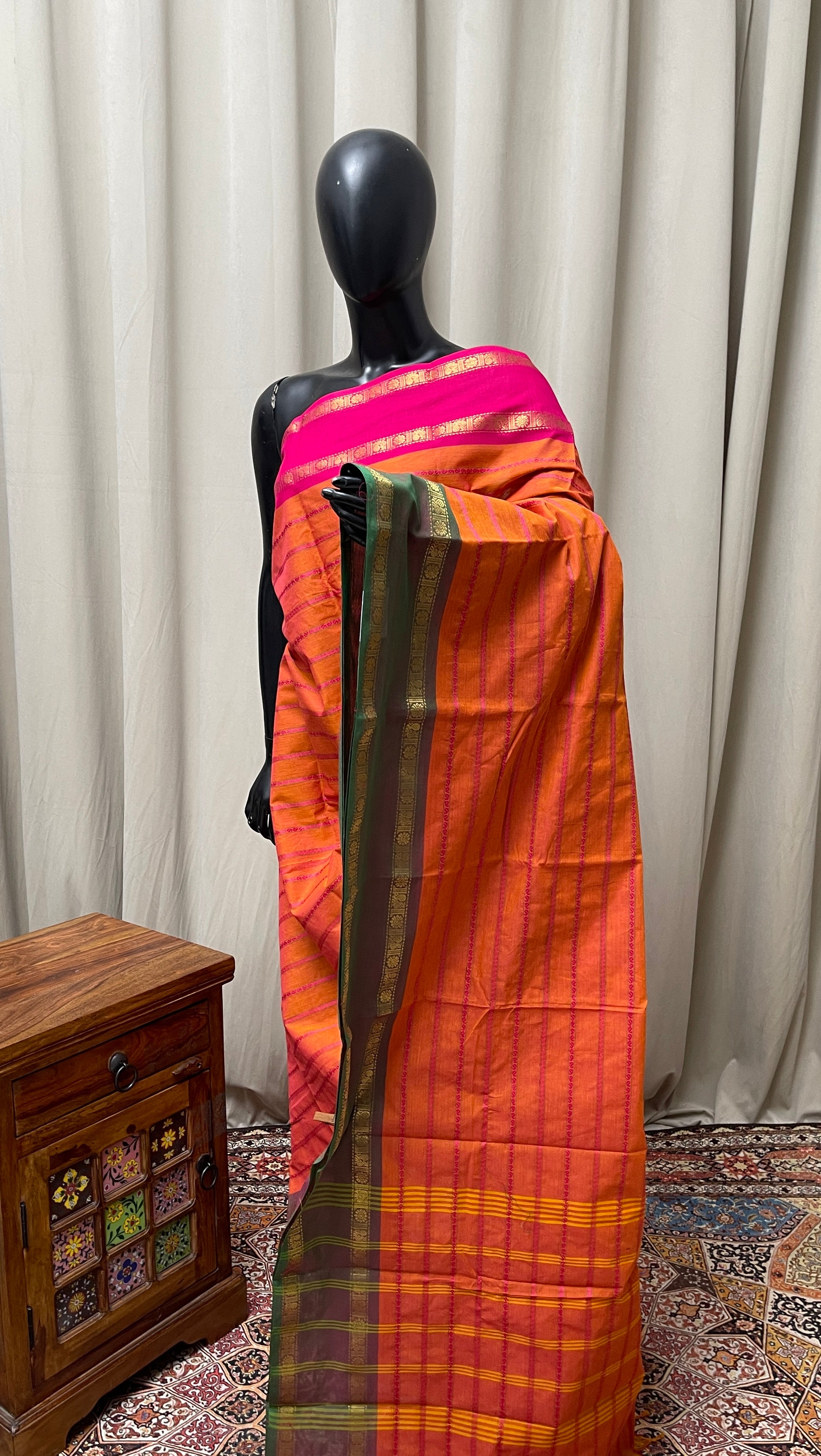 Orange Kanchi Cotton Saree With Veldhari Stripes Pattern