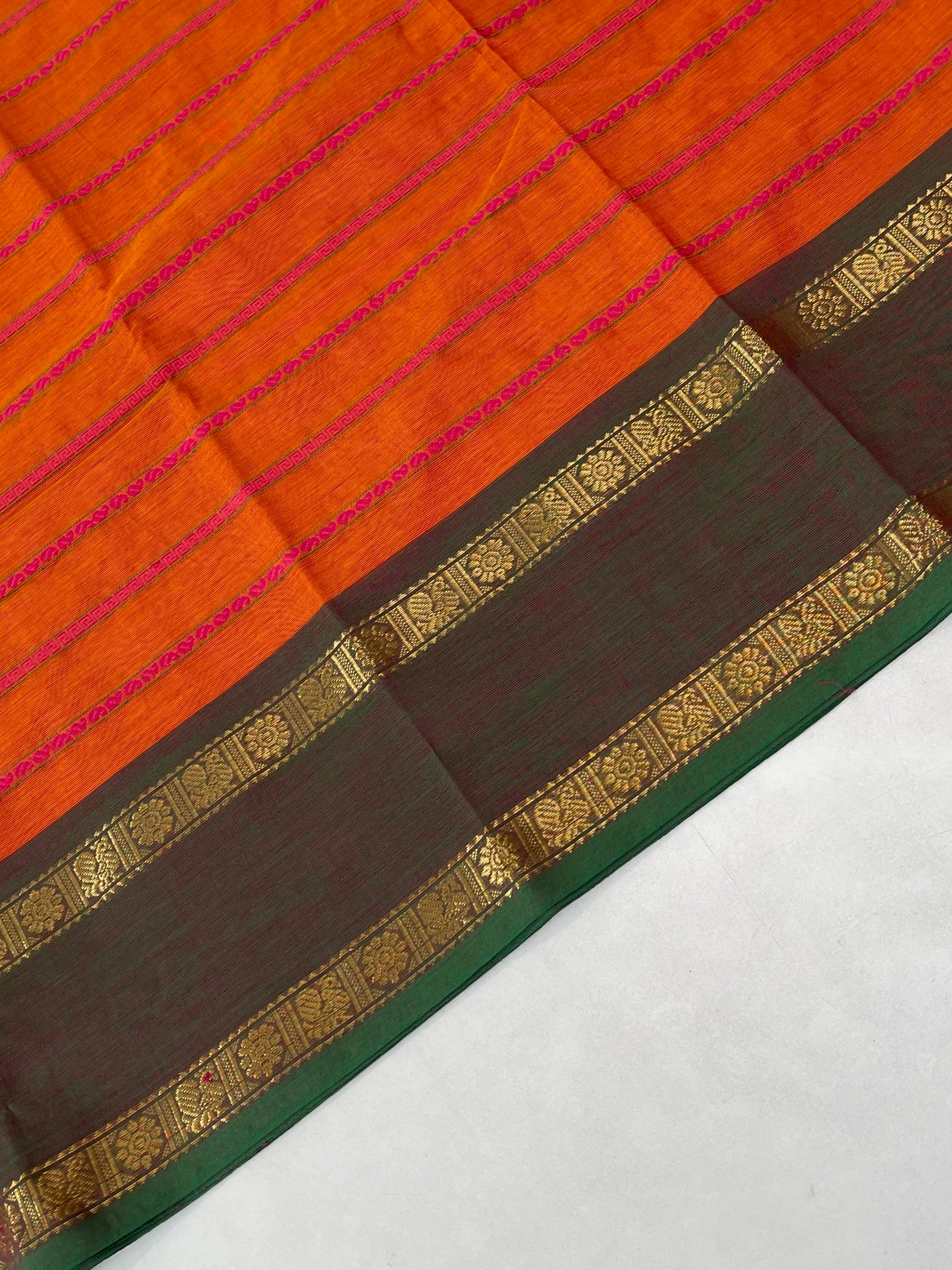 Orange Kanchi Cotton Saree With Veldhari Stripes Pattern
