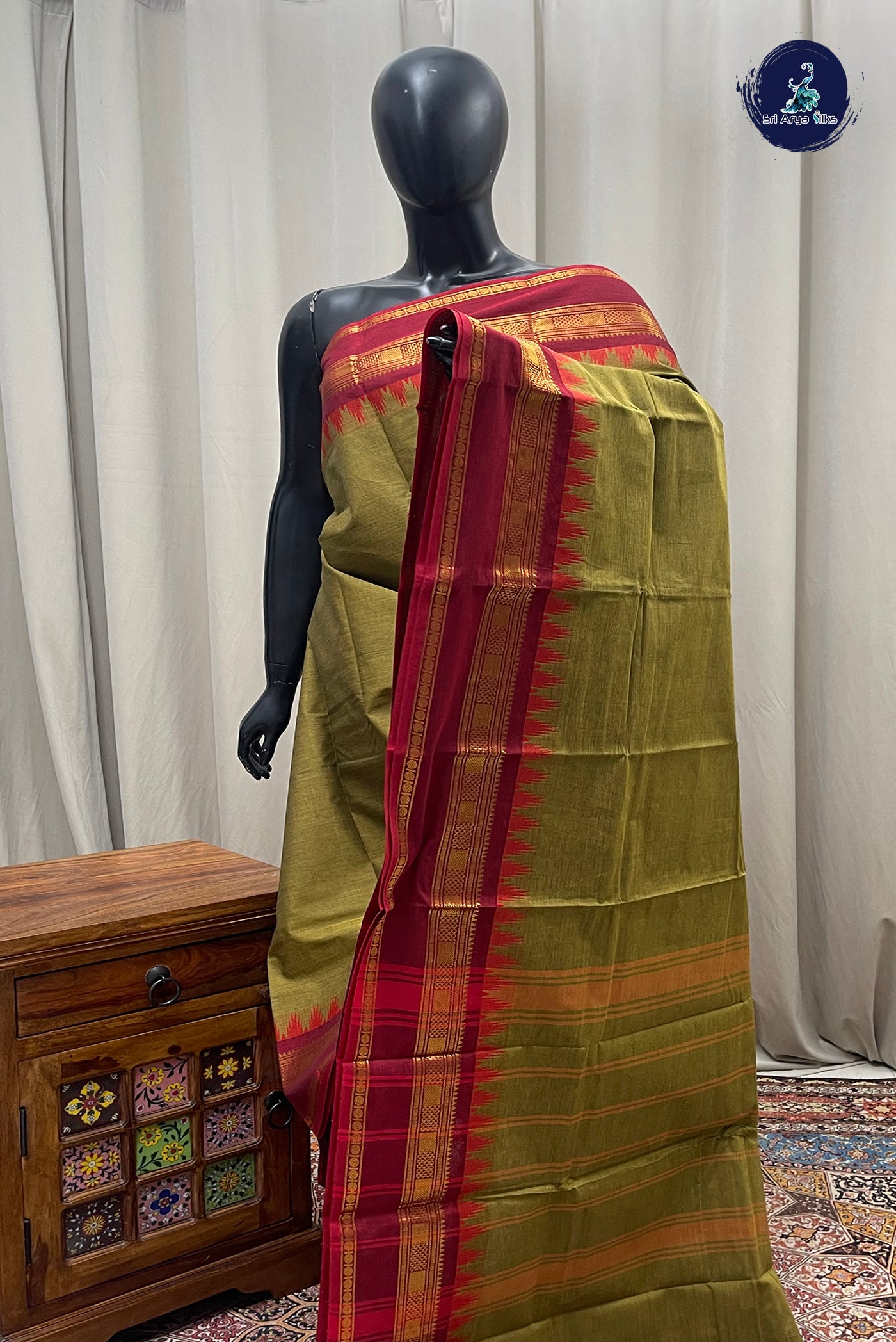 Olive Green Kanchi Cotton Saree With Plain Pattern