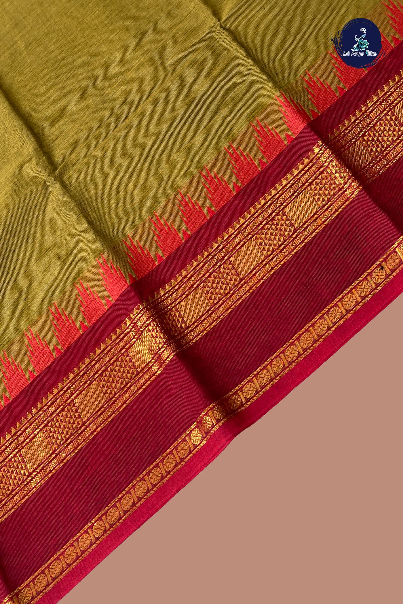 Olive Green Kanchi Cotton Saree With Plain Pattern