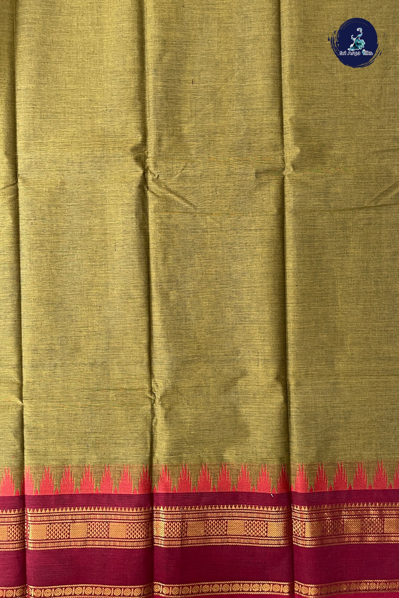 Olive Green Kanchi Cotton Saree With Plain Pattern