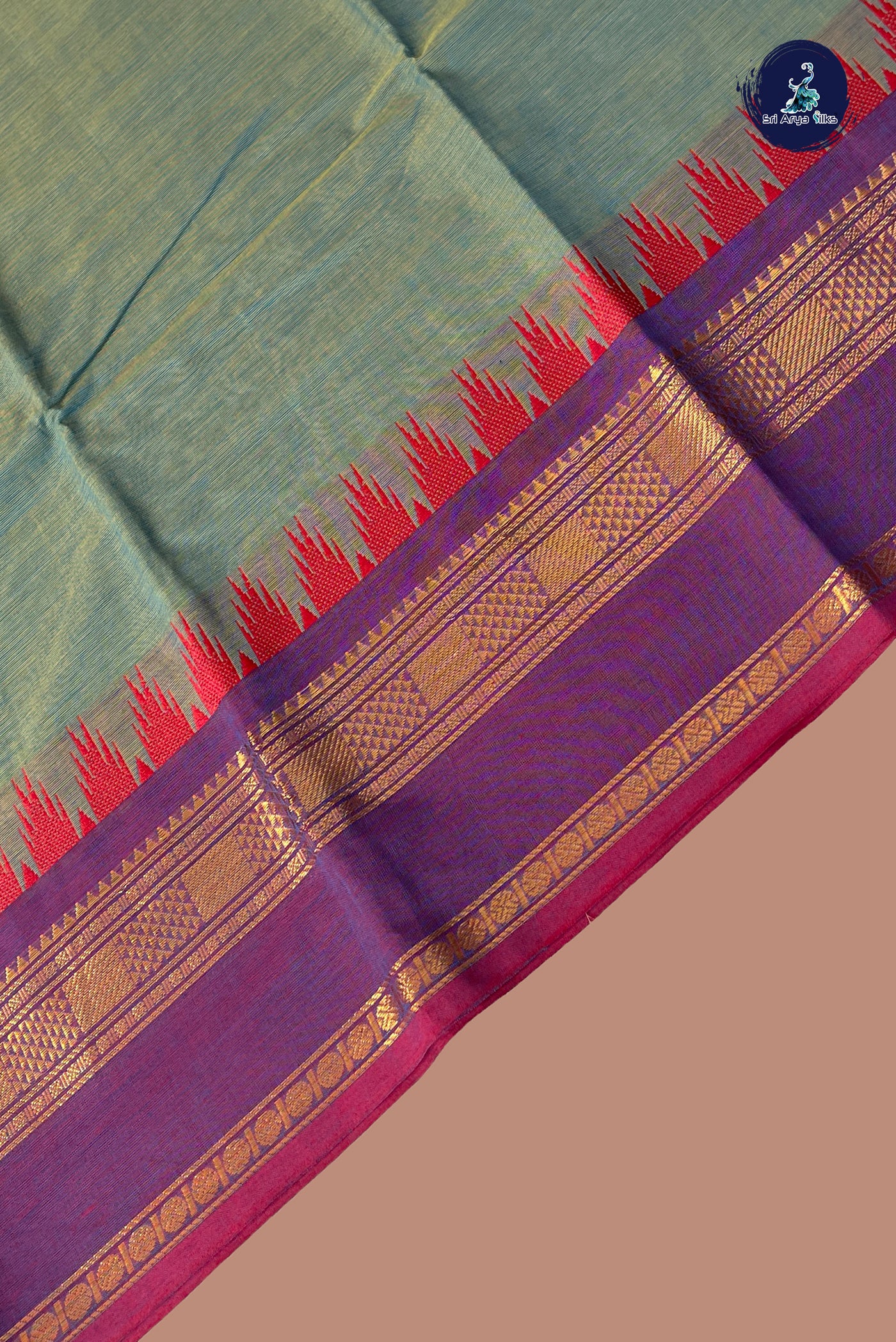 Greenish Blue Kanchi Cotton Saree With Plain Pattern