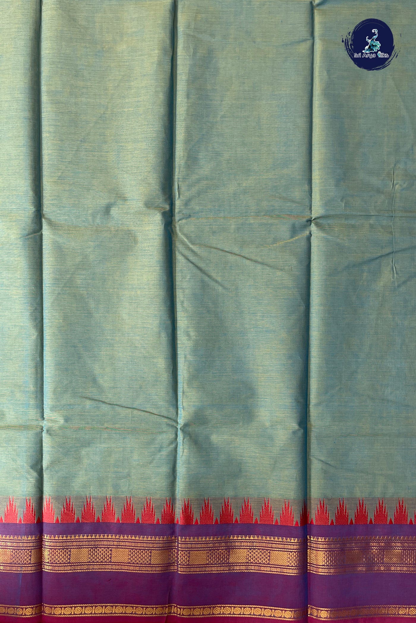Greenish Blue Kanchi Cotton Saree With Plain Pattern