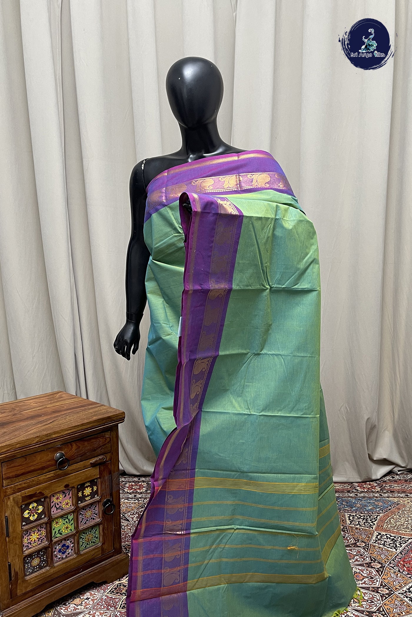 Sea Green Kanchi Cotton Saree With Plain Pattern