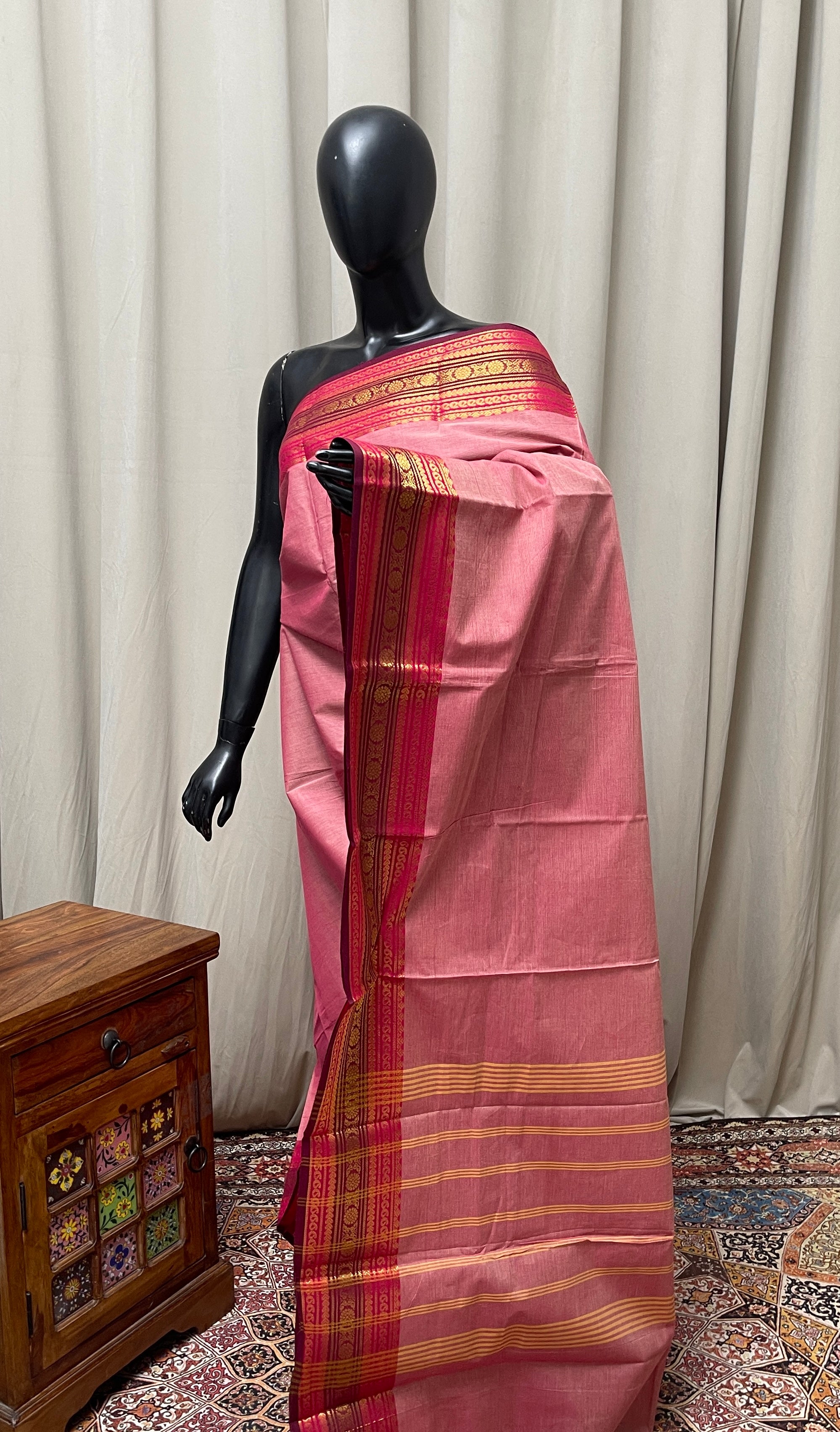 Peach Pink Kanchi Cotton Saree With Plain Pattern