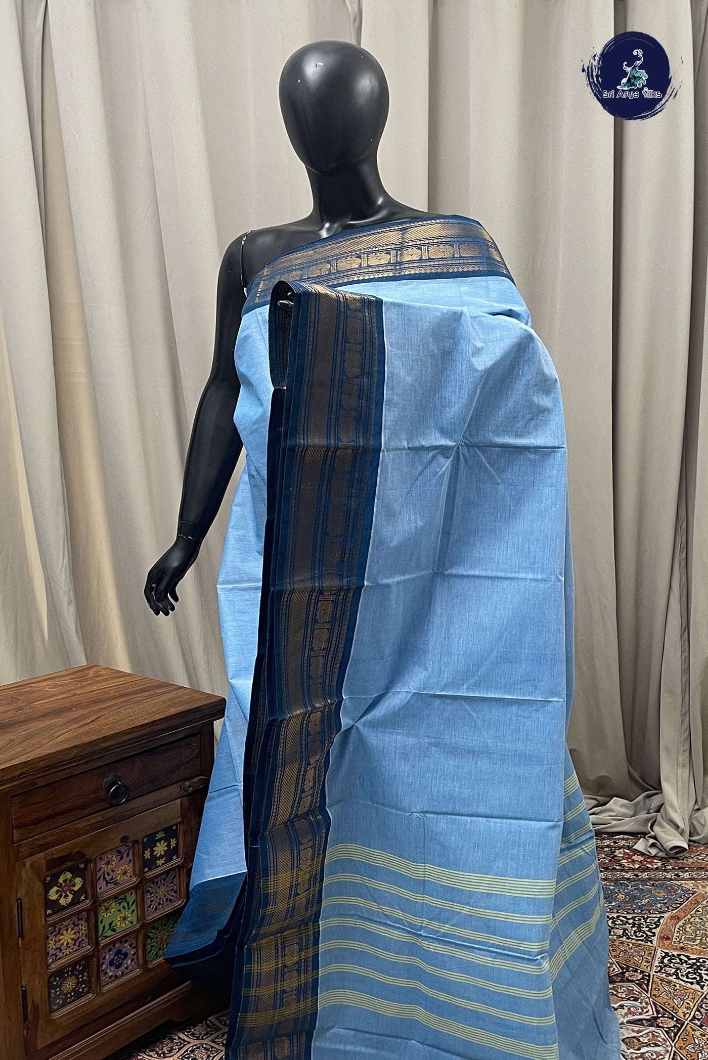 Light Blue Kanchi Cotton Saree With Plain Pattern