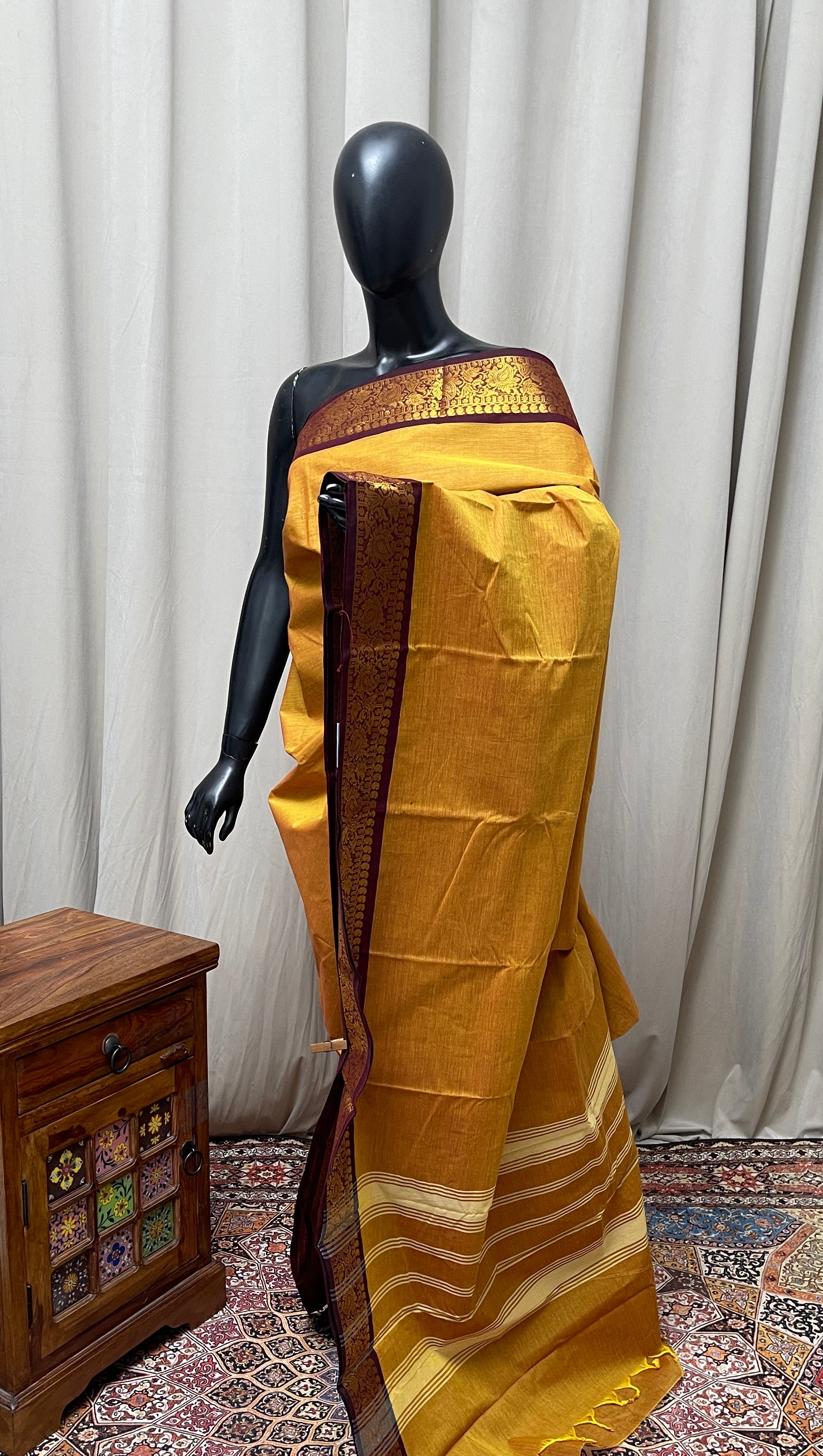Mustard Kanchi Cotton Saree With Plain Pattern