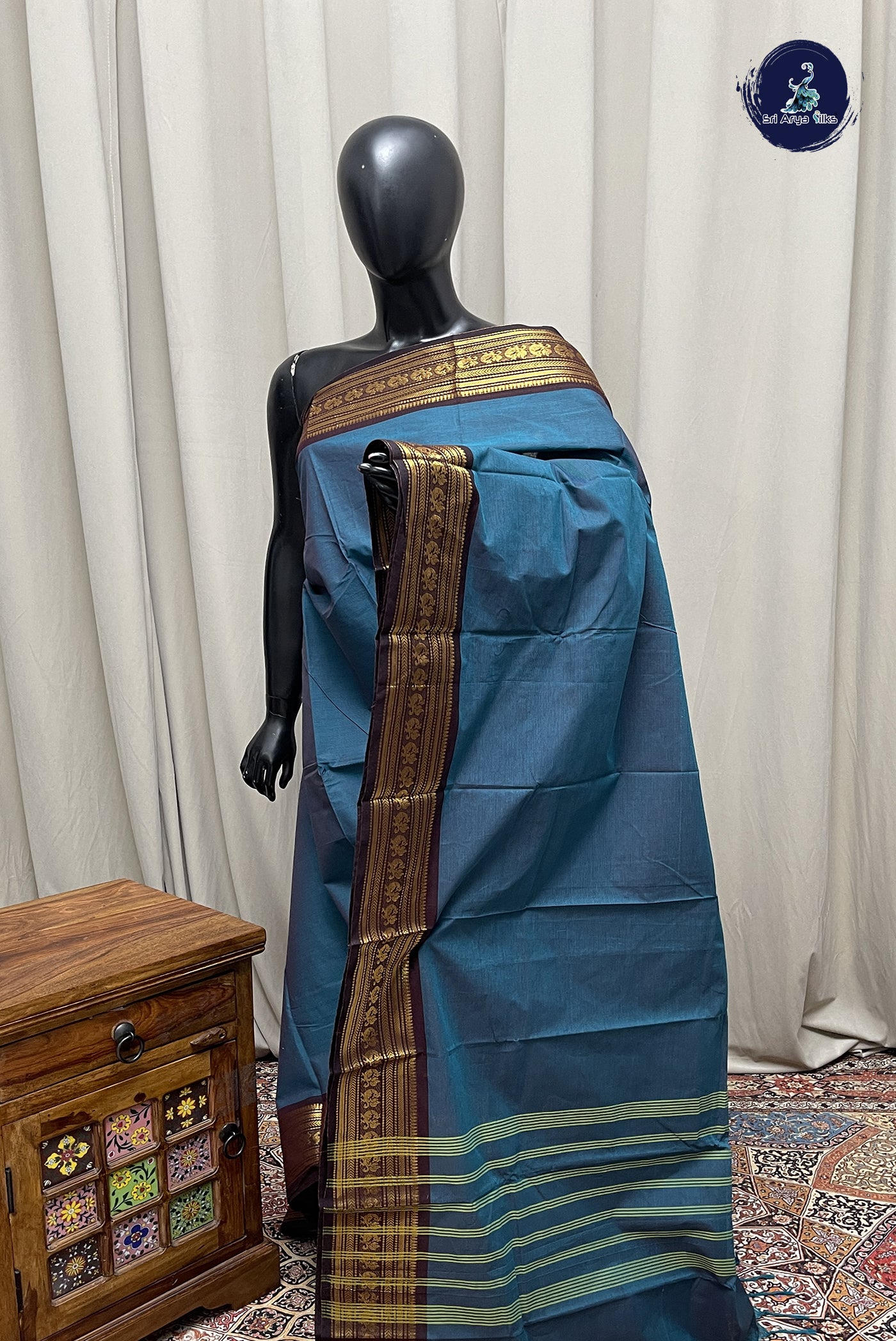 Peacock Blue Kanchi Cotton Saree With Plain Pattern