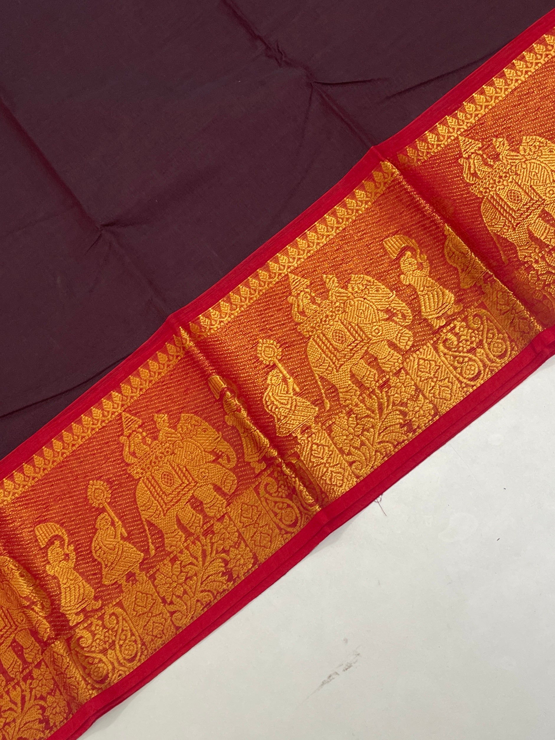 Coffee Brown Kanchi Cotton Saree With Plain Pattern