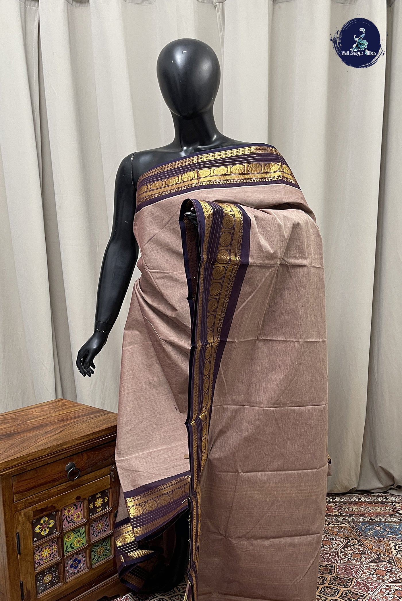 Light Brown Kanchi Cotton Saree With Plain Pattern