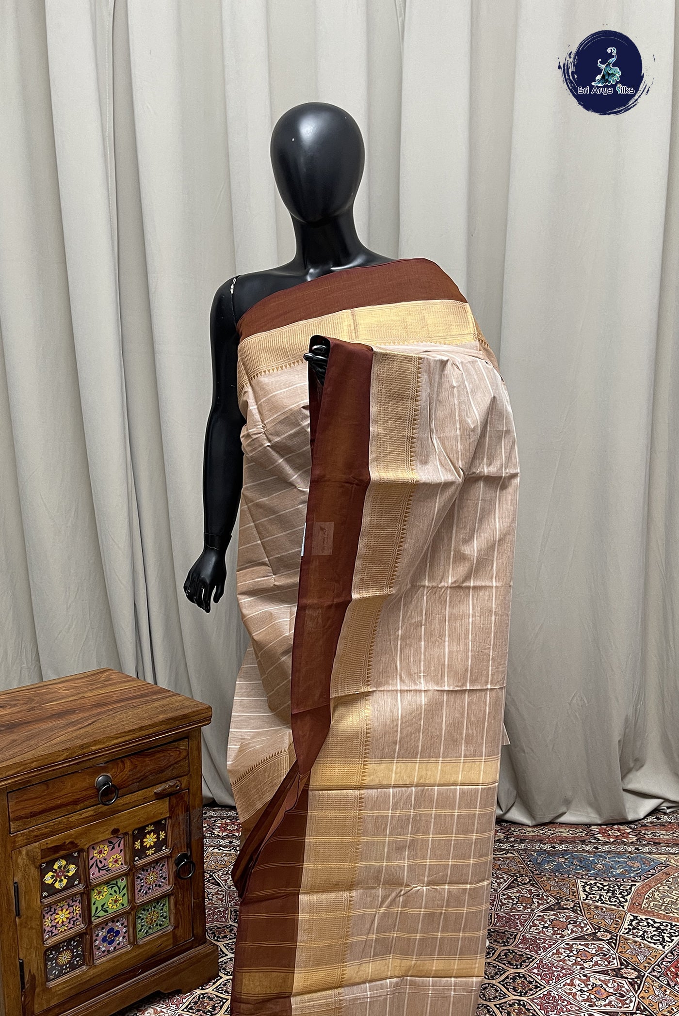 Beige Kanchi Cotton Saree With Stripes Pattern
