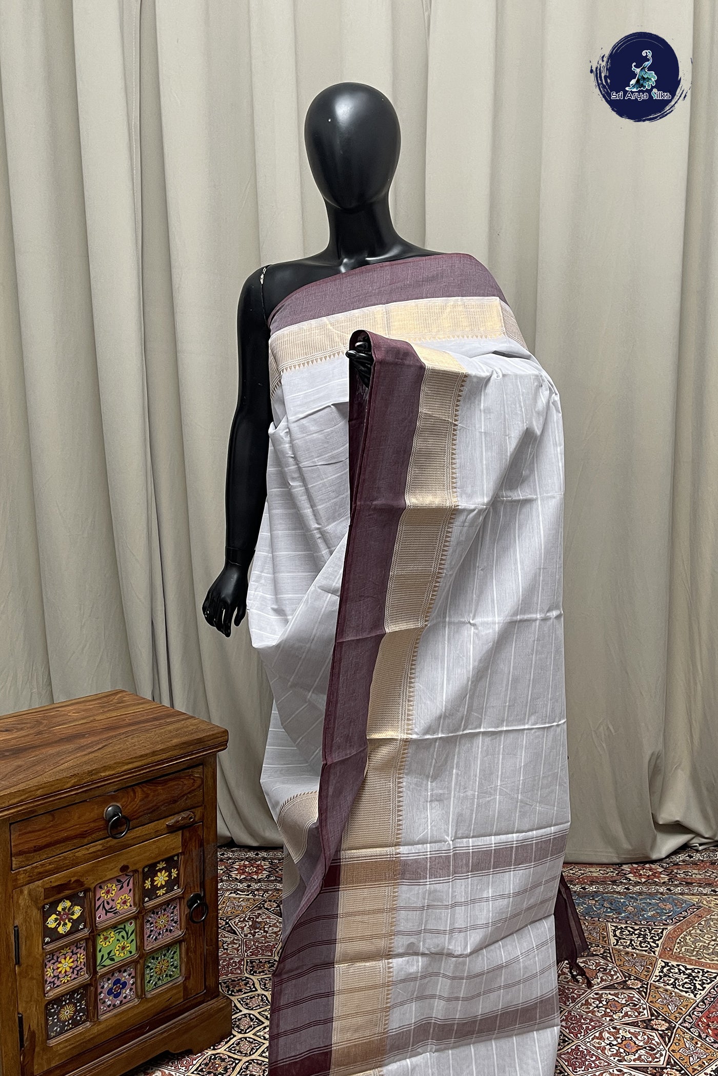 Powder Blue Kanchi Cotton Saree With Stripes Pattern