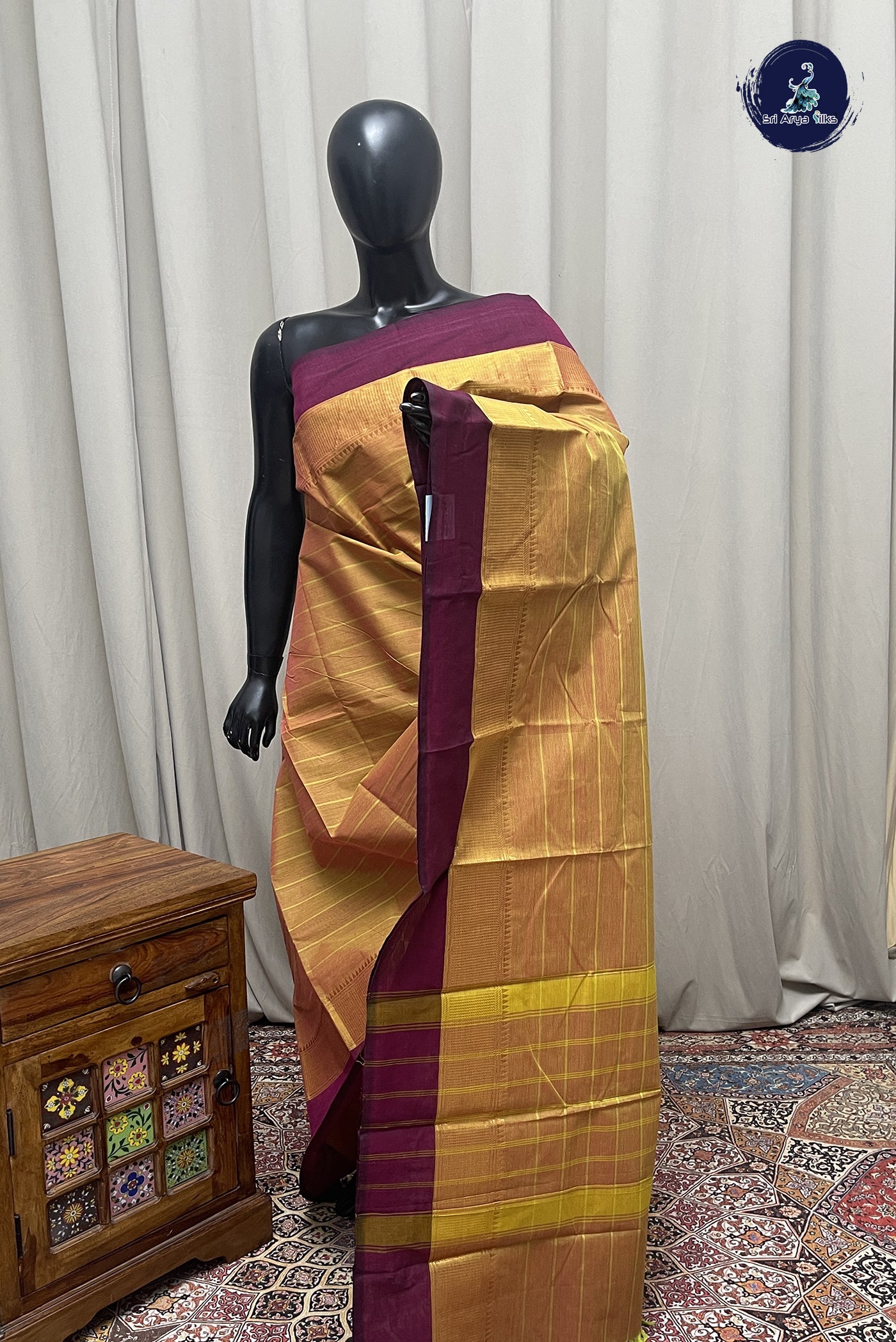 Mustard Kanchi Cotton Saree With Stripes Pattern