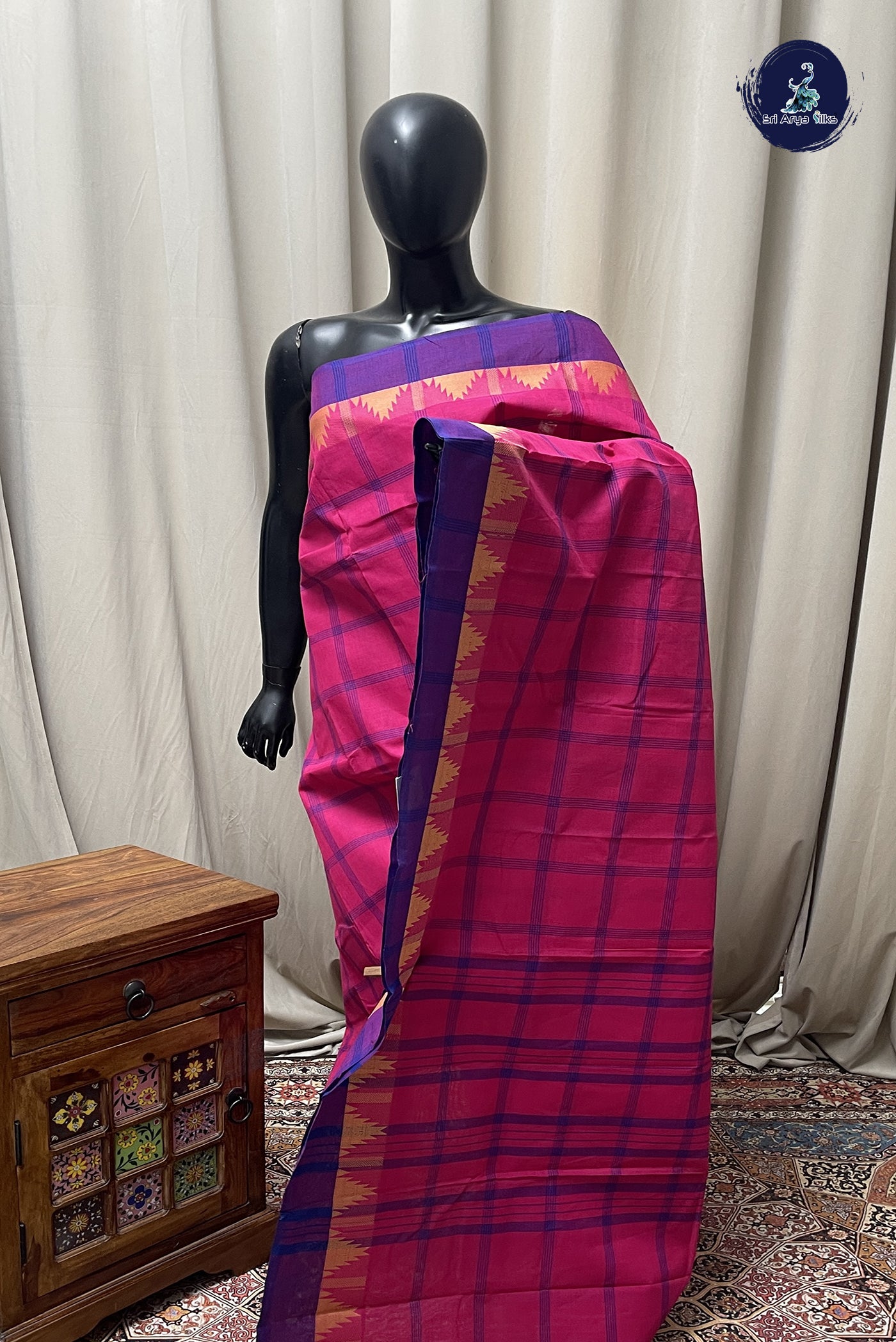 Pink Chettinad Cotton Saree With Checked Pattern