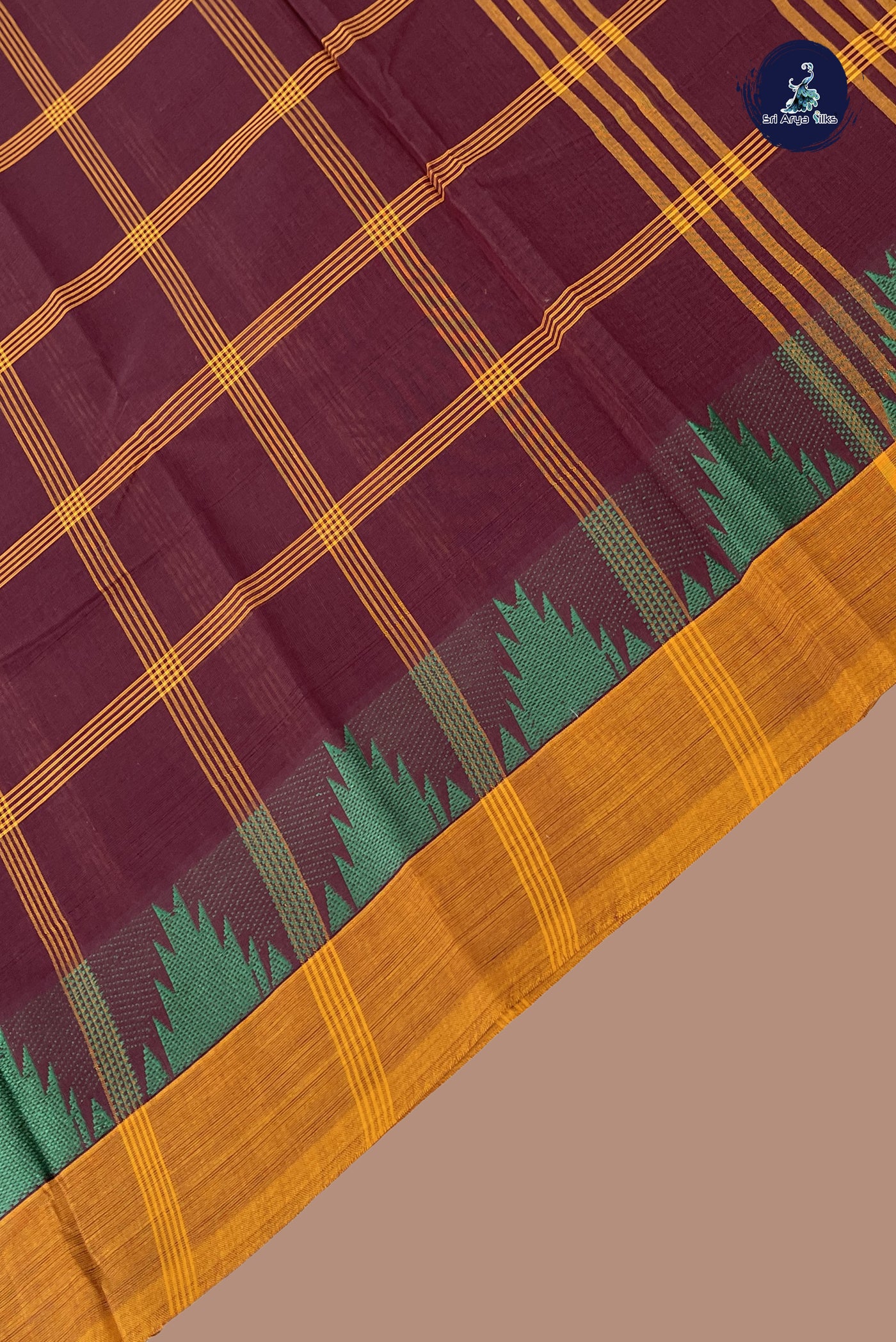 Coffee Brown Chettinad Cotton Saree With Checked Pattern