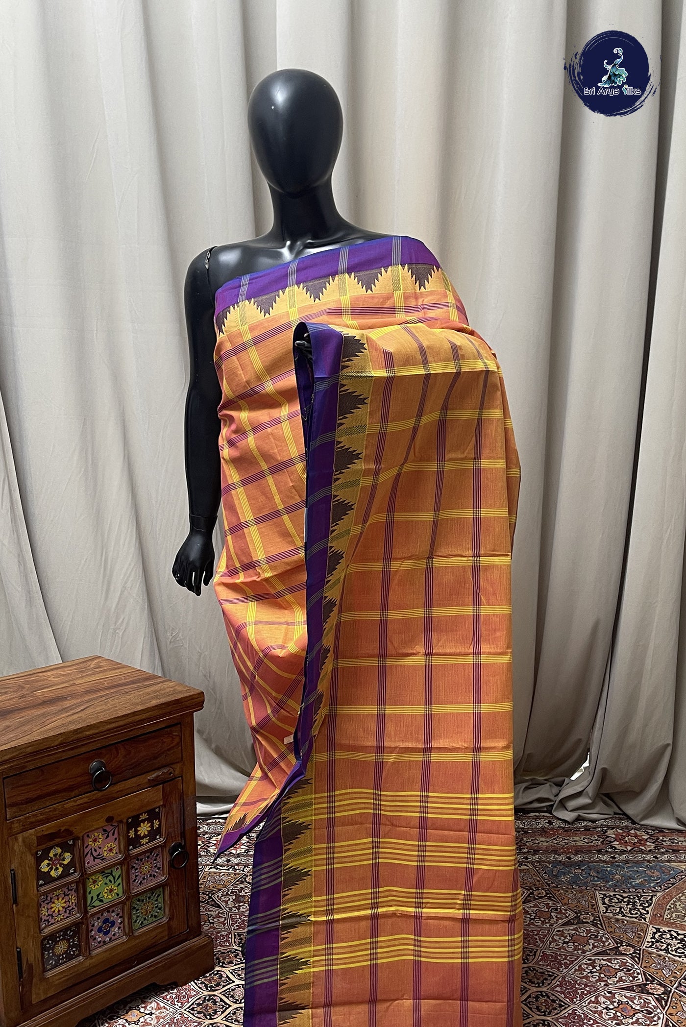 Lite Mustard Orange Chettinad Cotton Saree With Checked Pattern