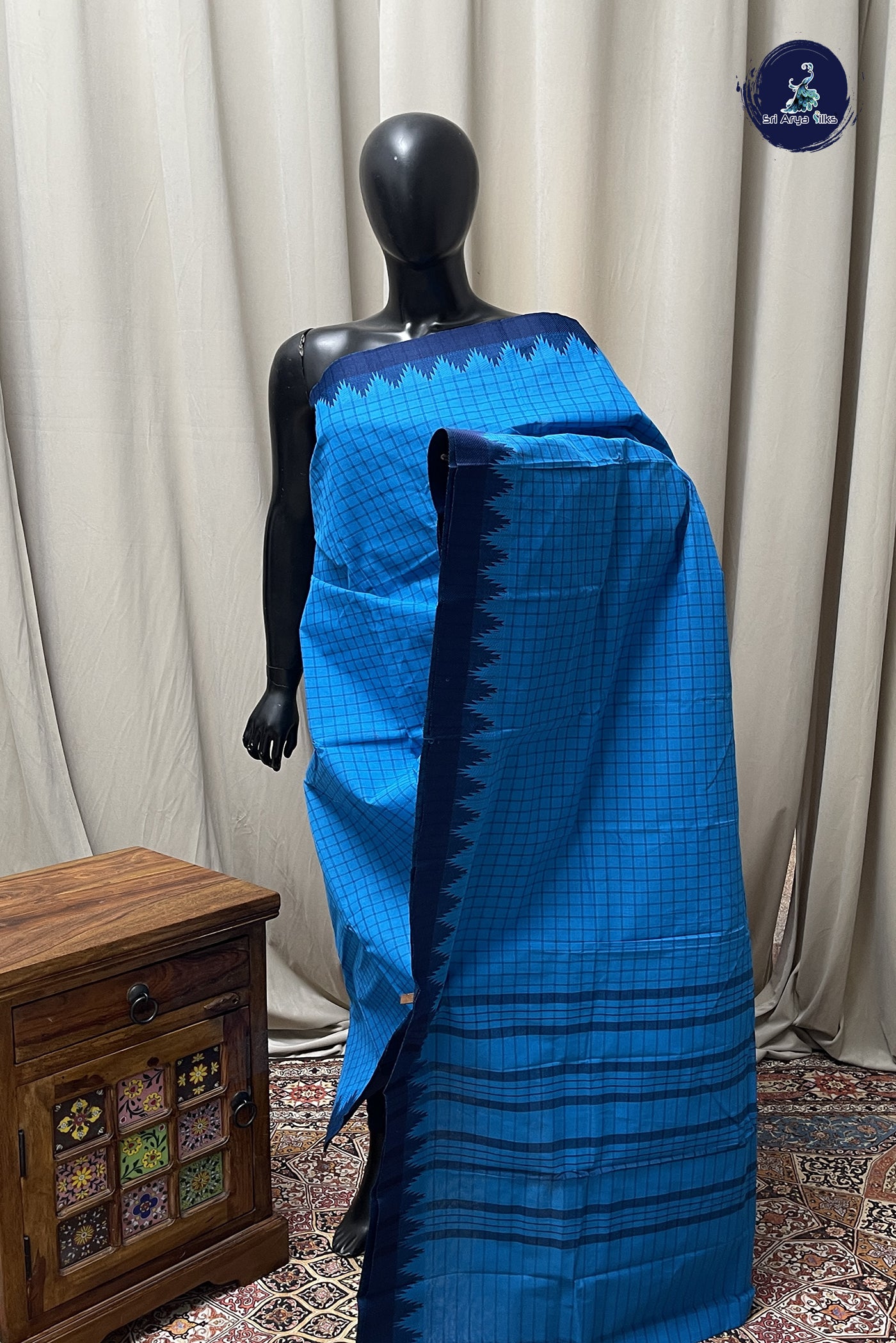 Copper Sulphate Blue Chettinad Cotton Saree With Checked Pattern