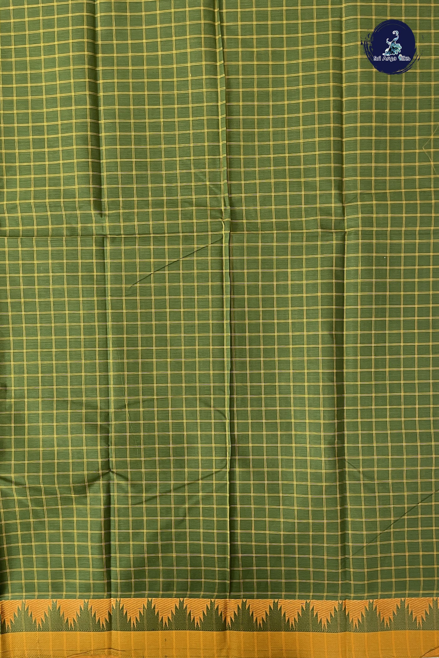 Mehendi Green Chettinad Cotton Saree With Checked Pattern