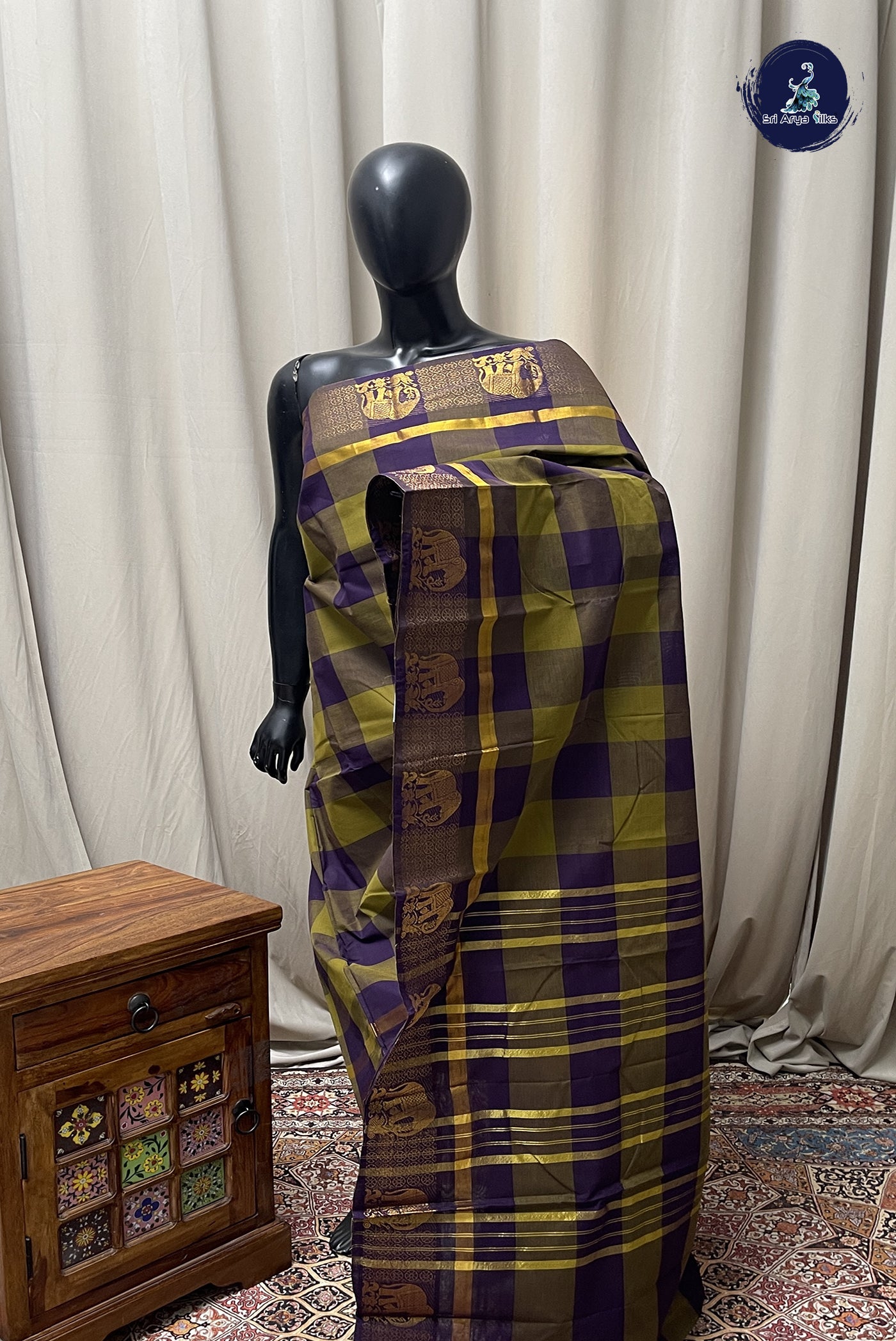 Multi Colour Chettinad Cotton Saree With Checked Pattern