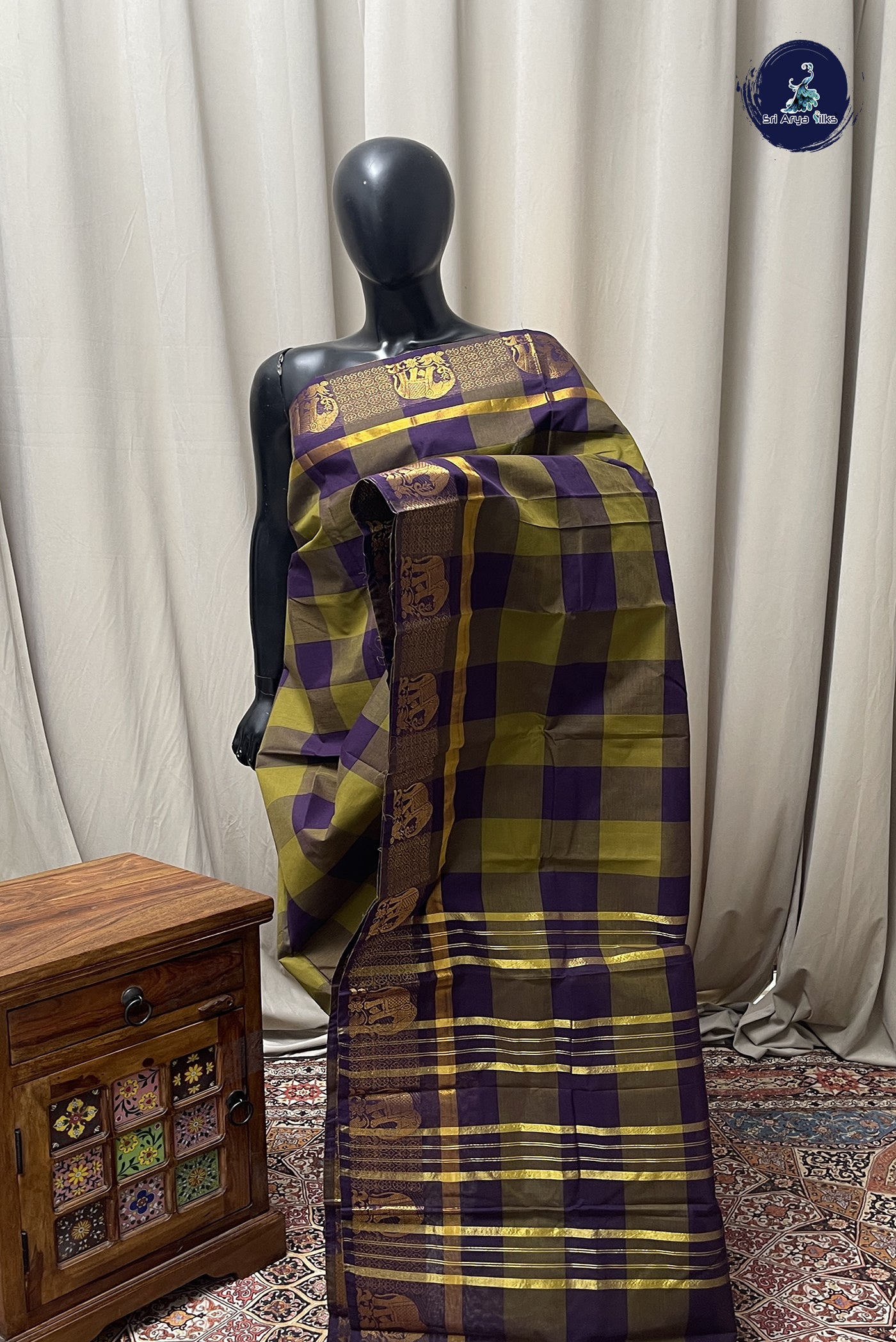 Multi Colour Chettinad Cotton Saree With Checked Pattern