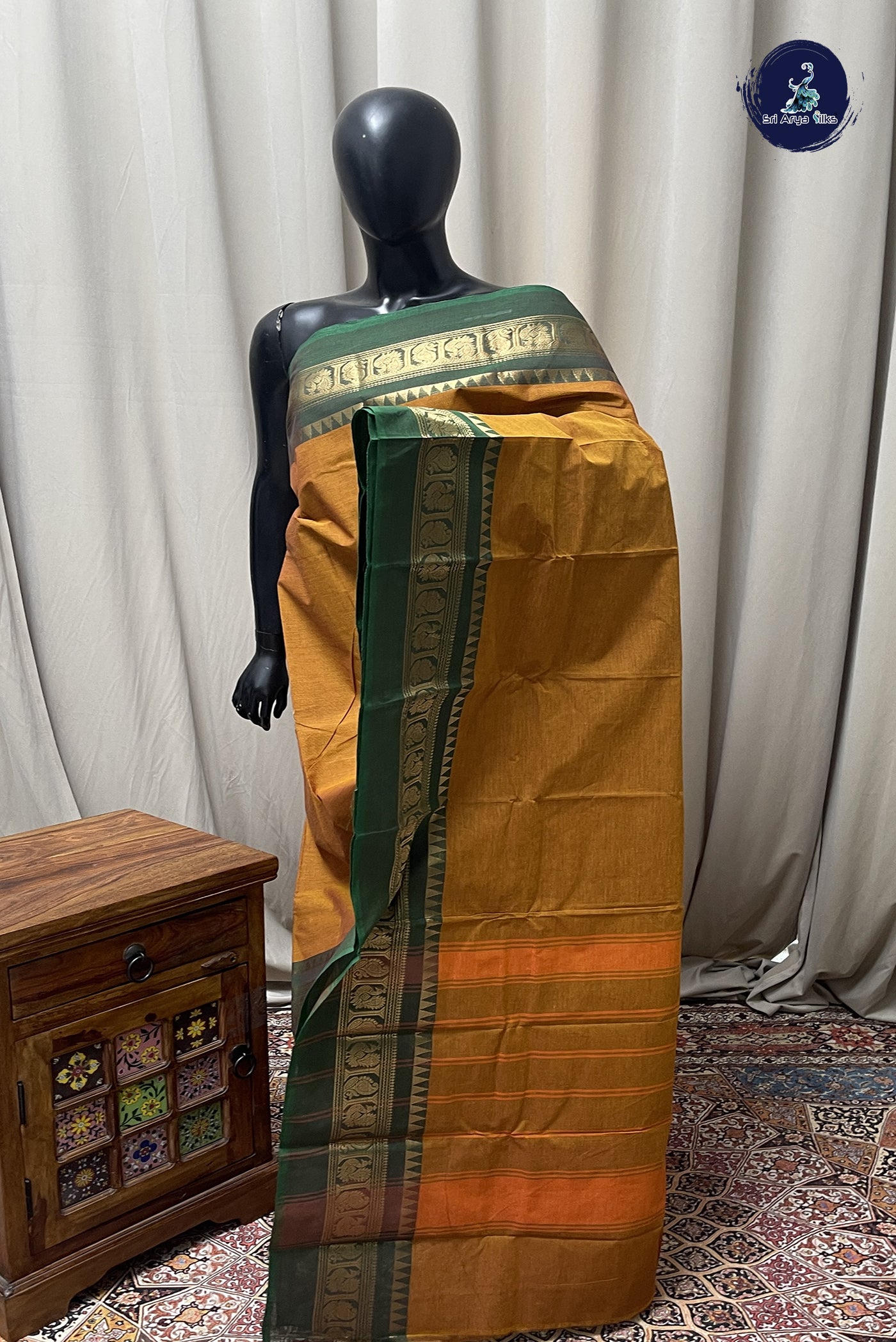 Mustard Yellow Chettinad Cotton Saree With Plain Pattern