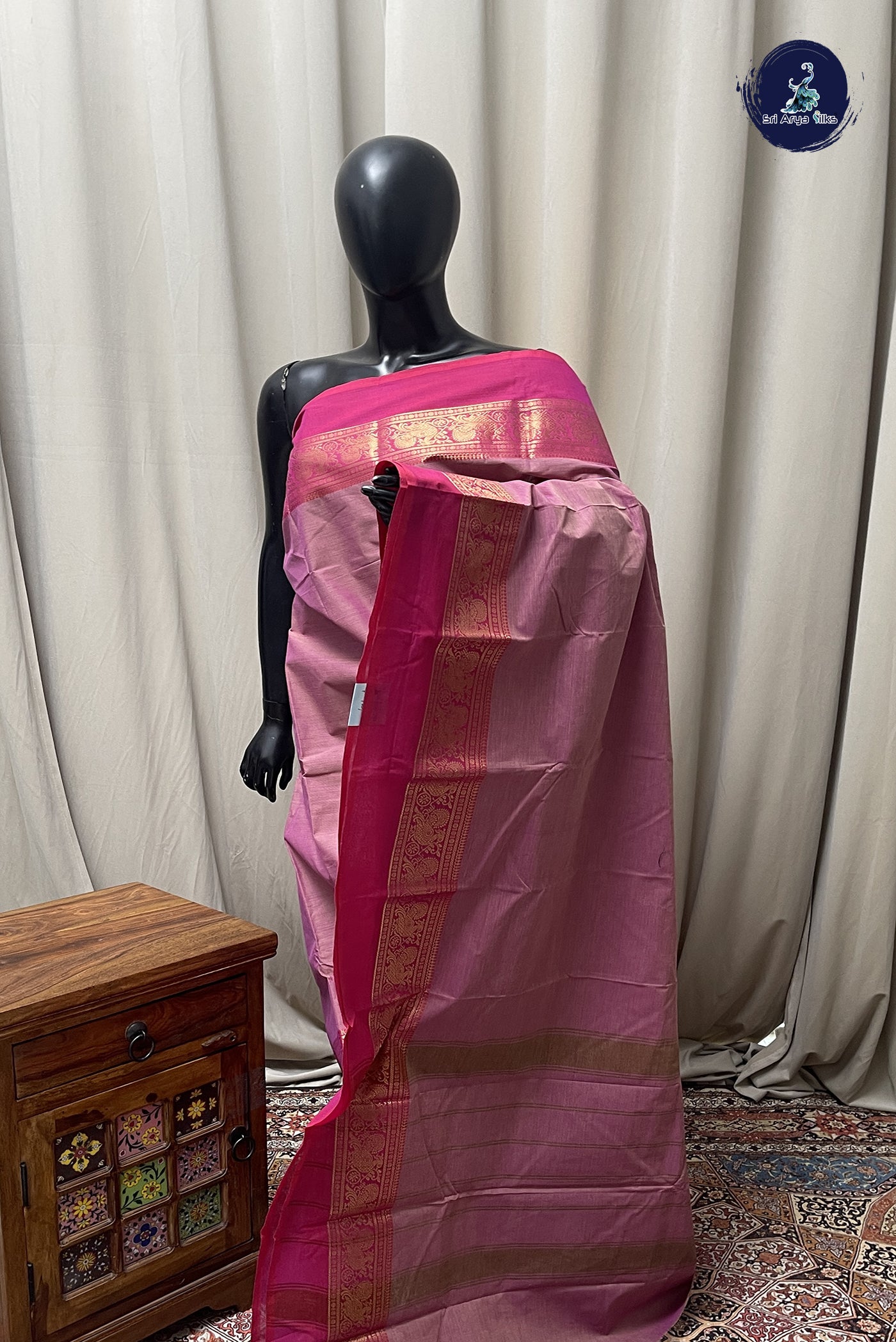 Onion Pink Chettinad Cotton Saree With Plain Pattern