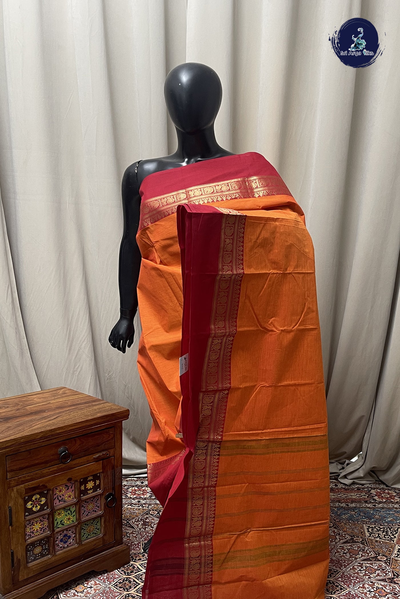 Orange Chettinad Cotton Saree With Plain Pattern