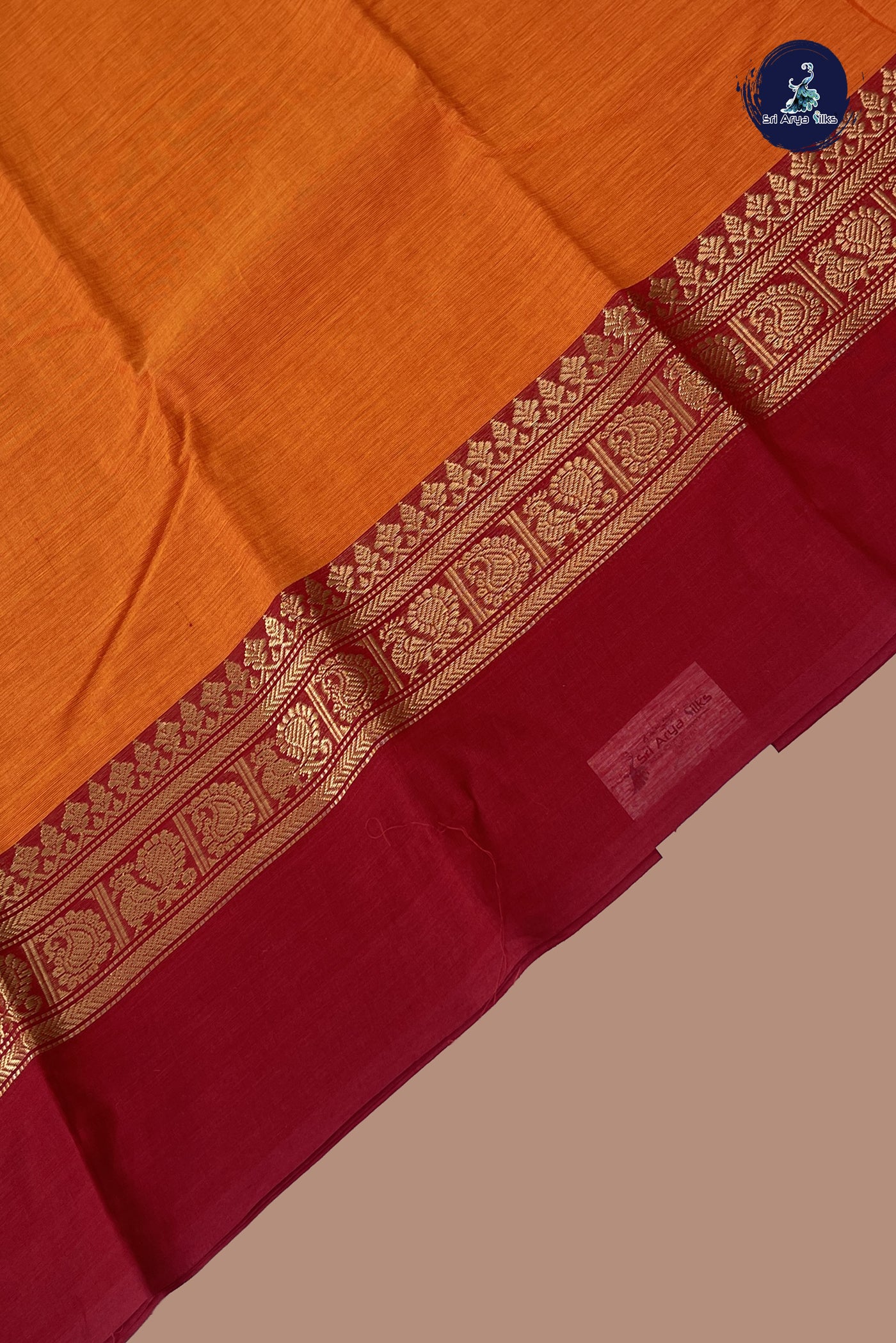 Orange Chettinad Cotton Saree With Plain Pattern