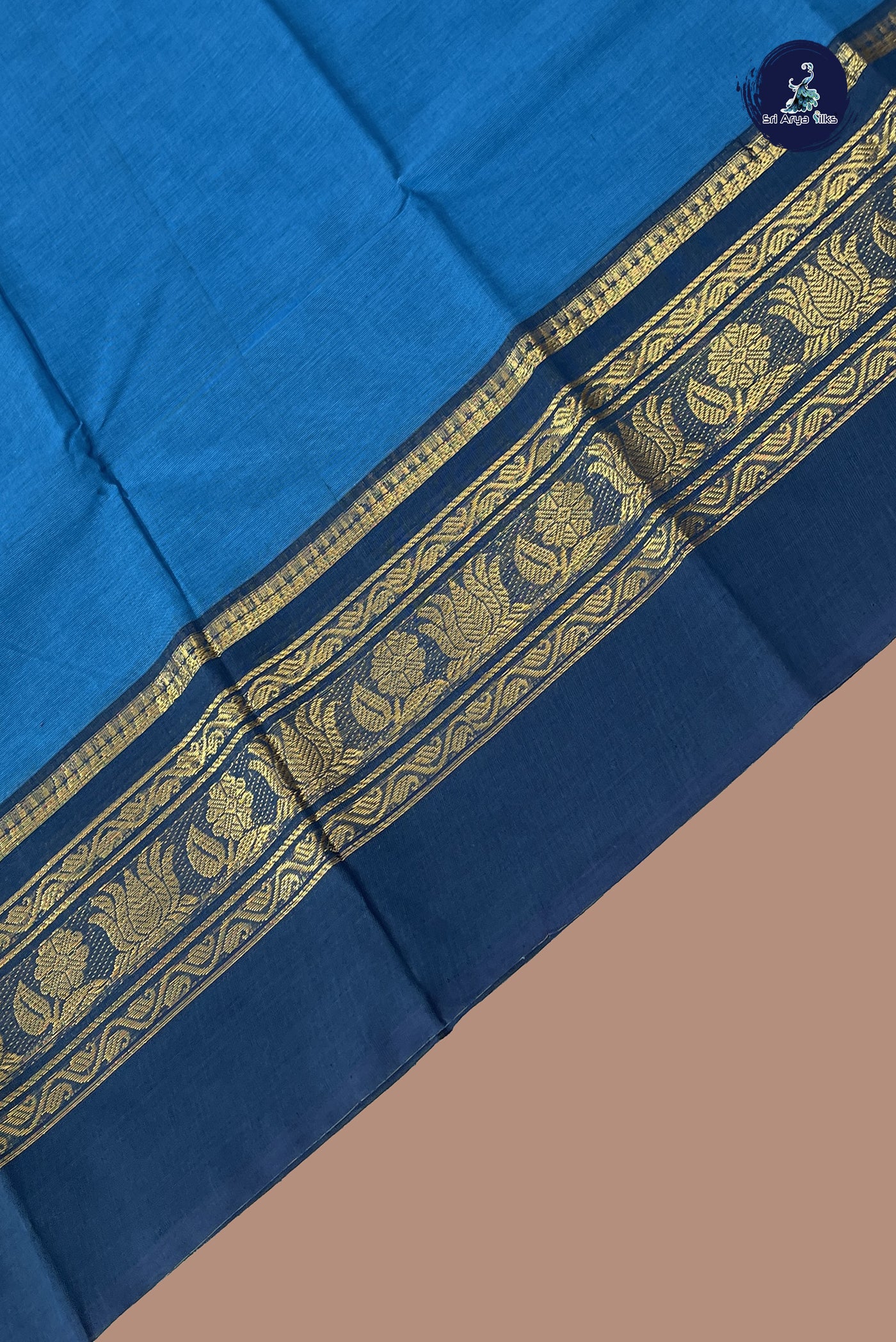 Copper Sulphate Blue Chettinad Cotton Saree With Plain Pattern