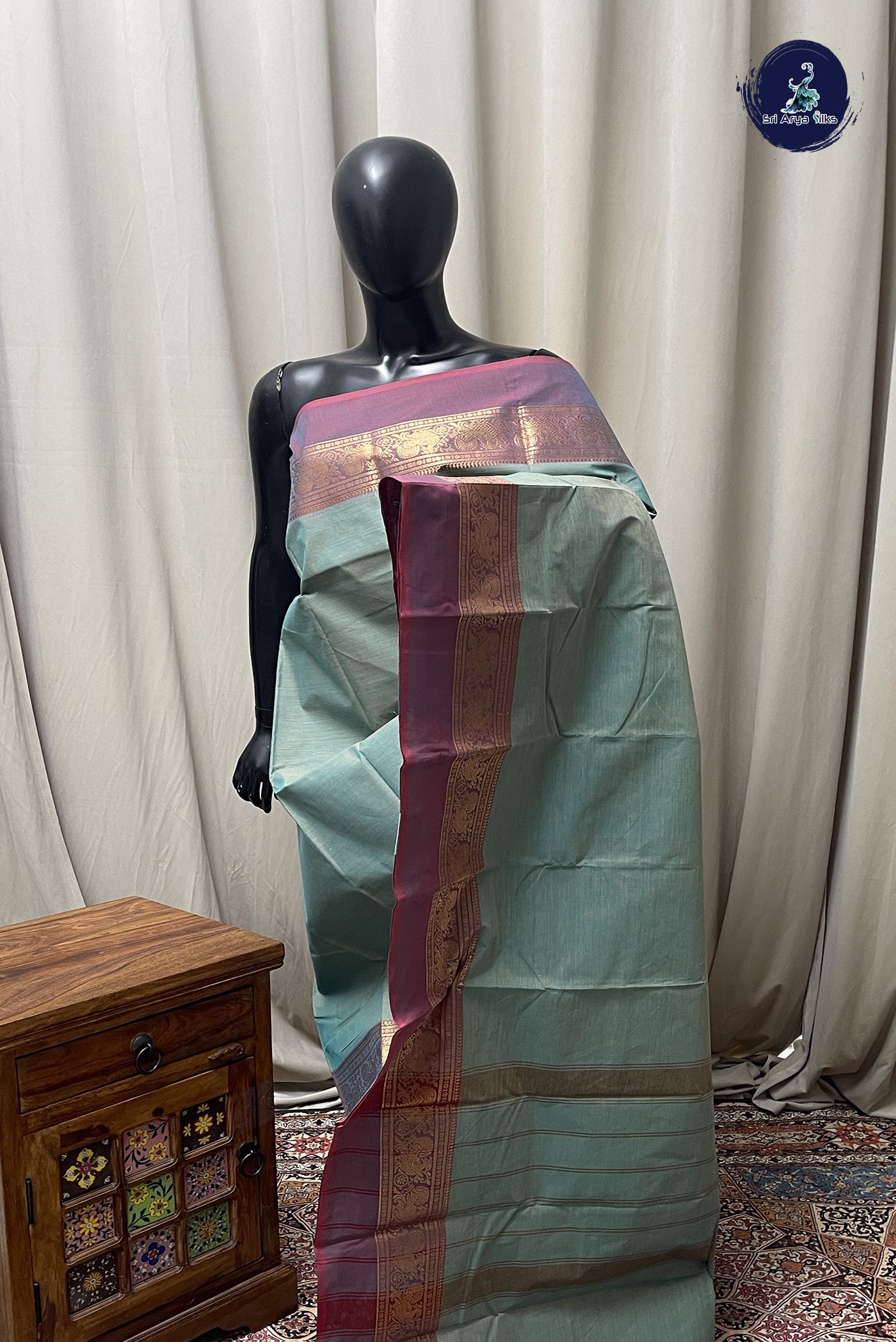 Light Blue Chettinad Cotton Saree With Plain Pattern
