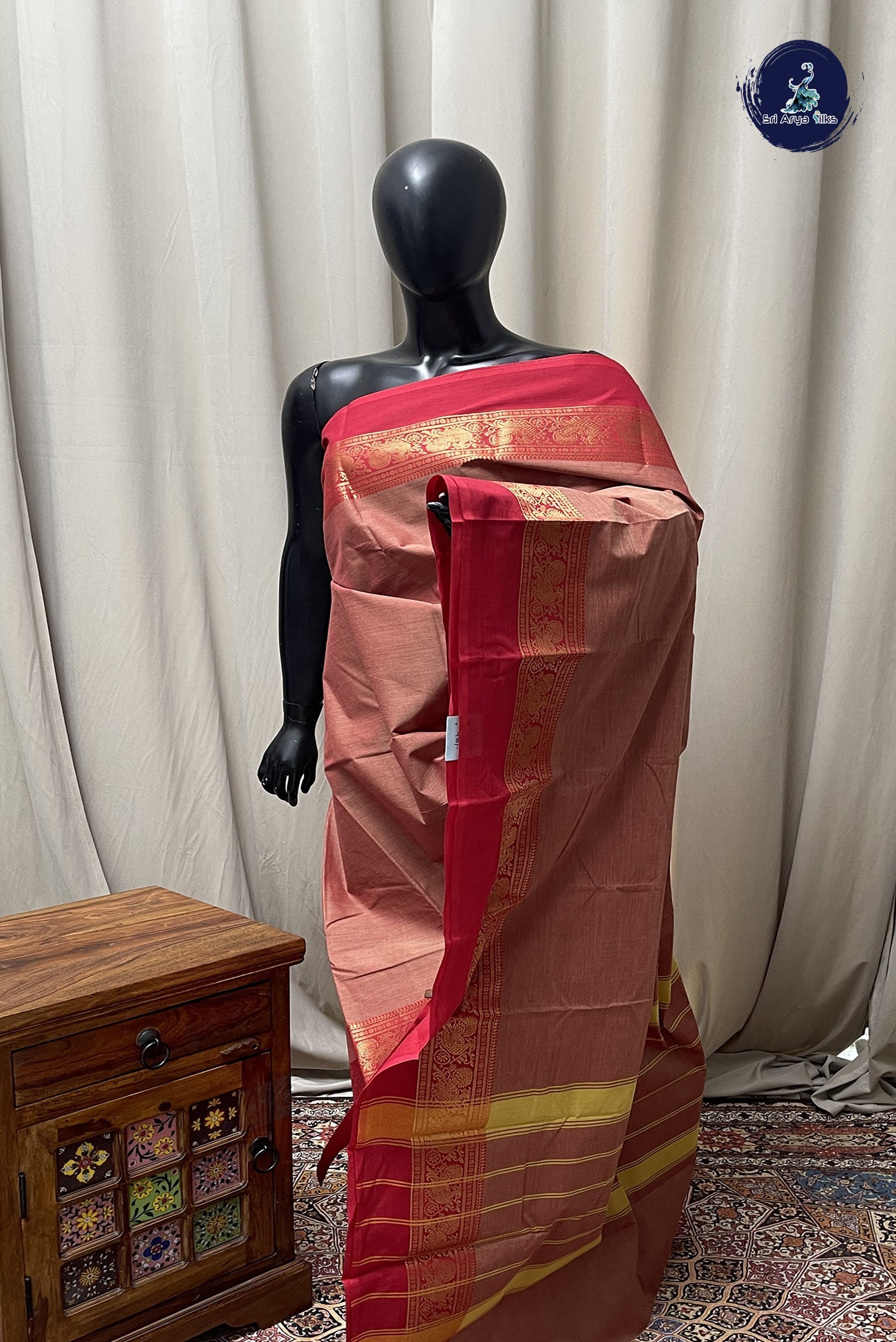 Light Brown Chettinad Cotton Saree With Plain Pattern