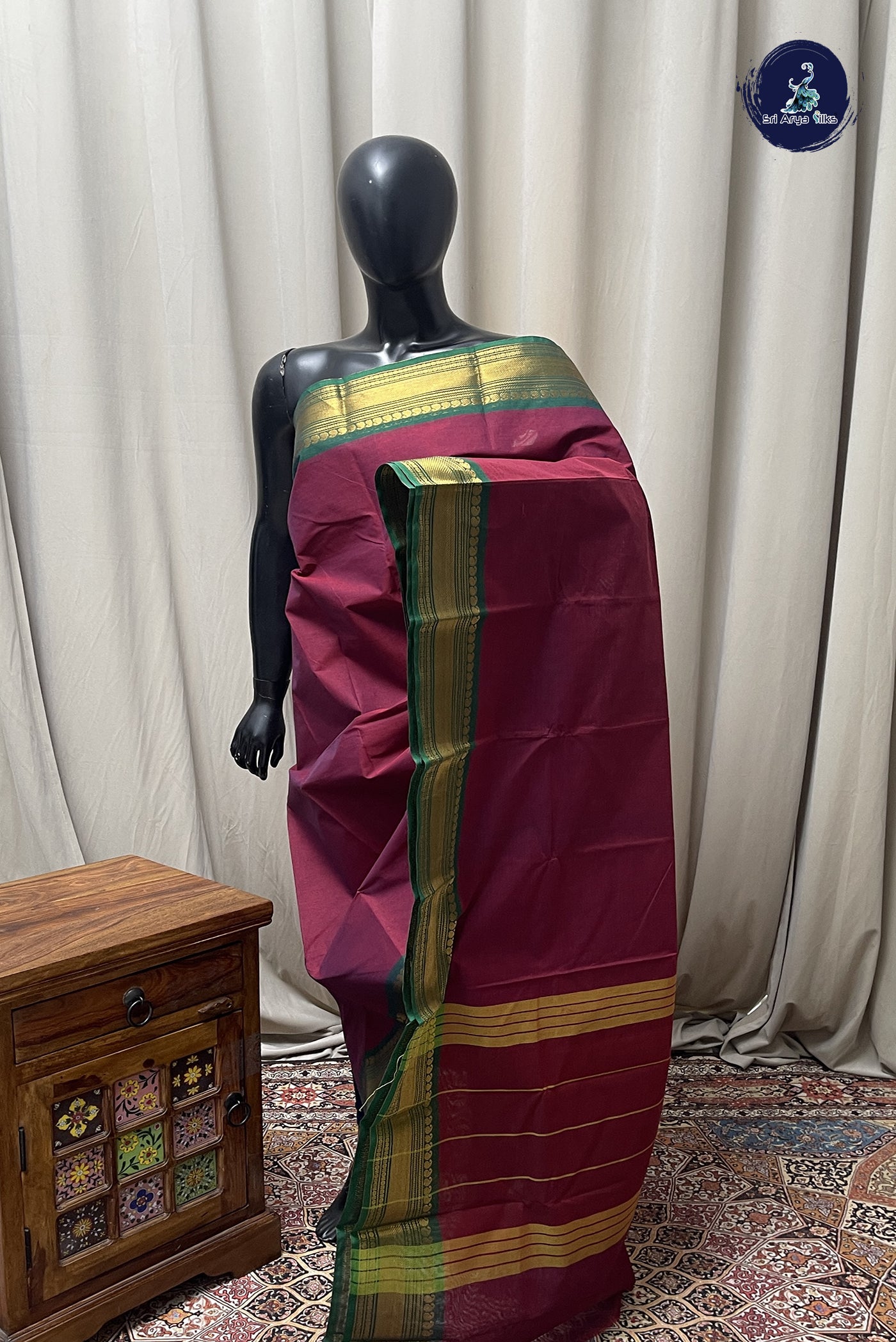 Maroon Chettinad Cotton Saree With Plain Pattern