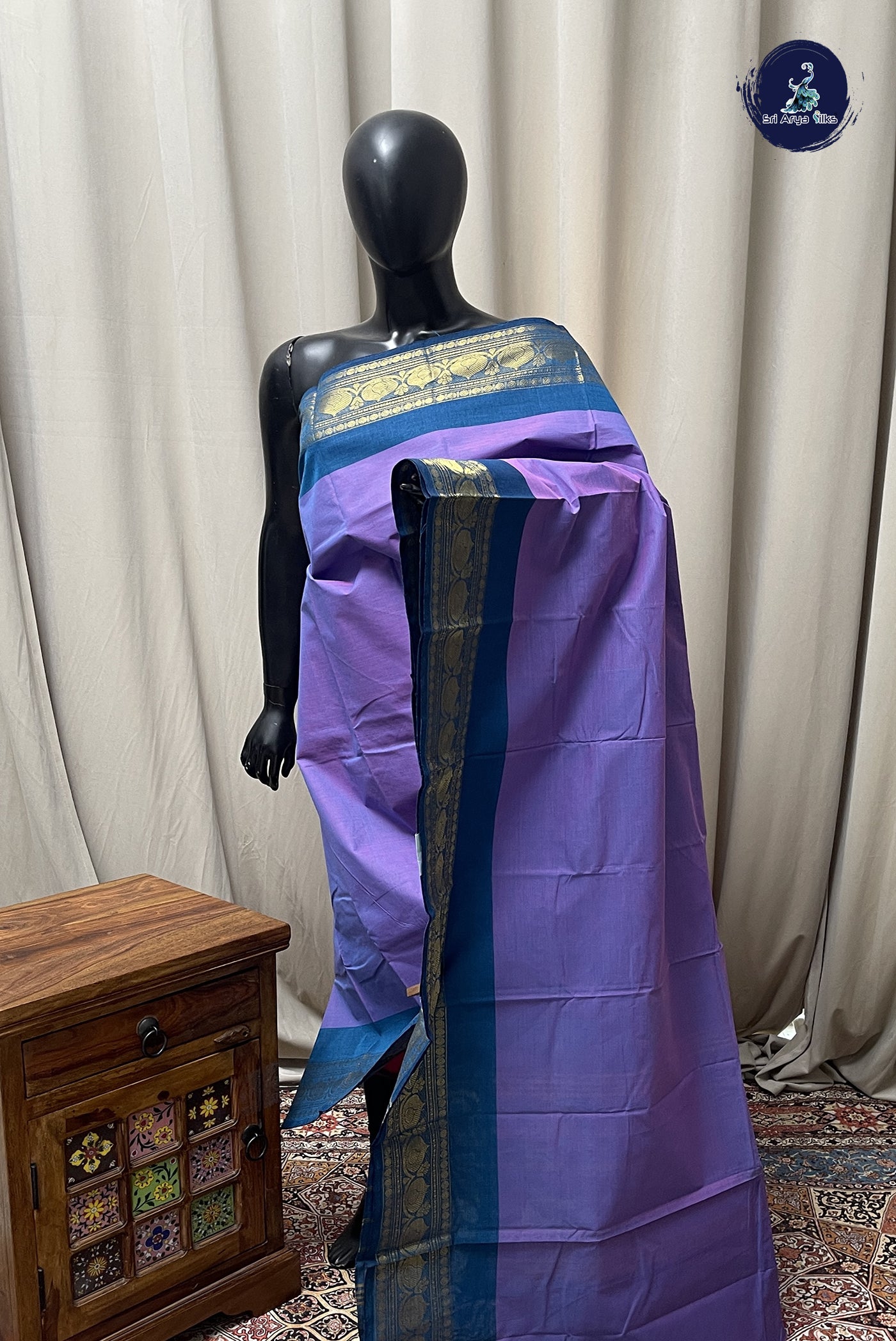 Lavender Chettinad Cotton Saree With Plain Pattern