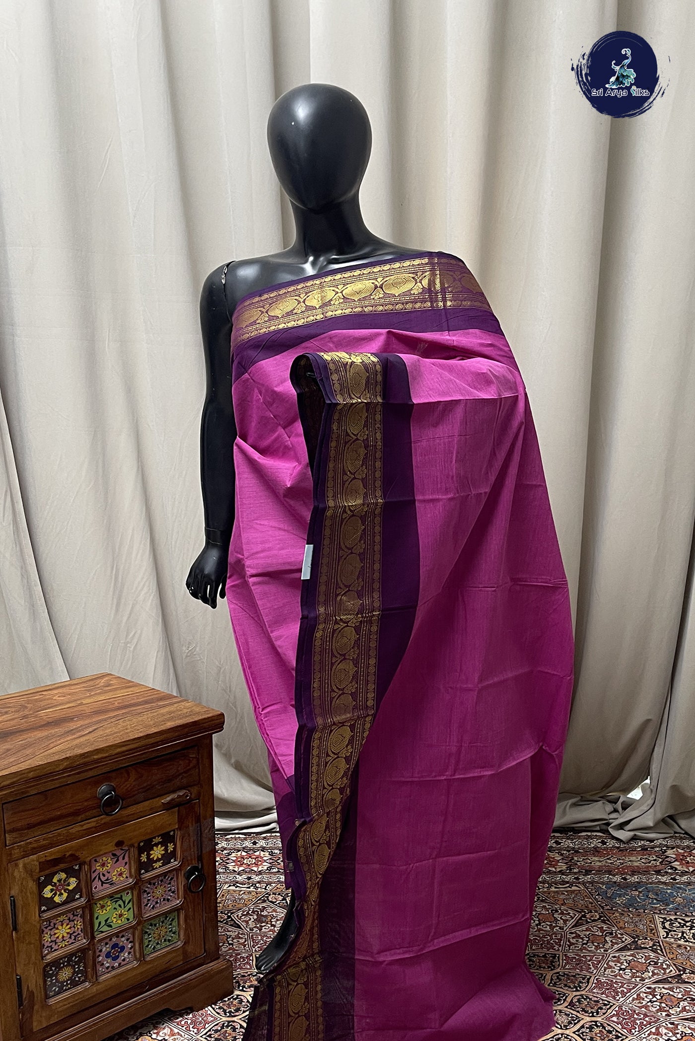 Pink Chettinad Cotton Saree With Plain Pattern