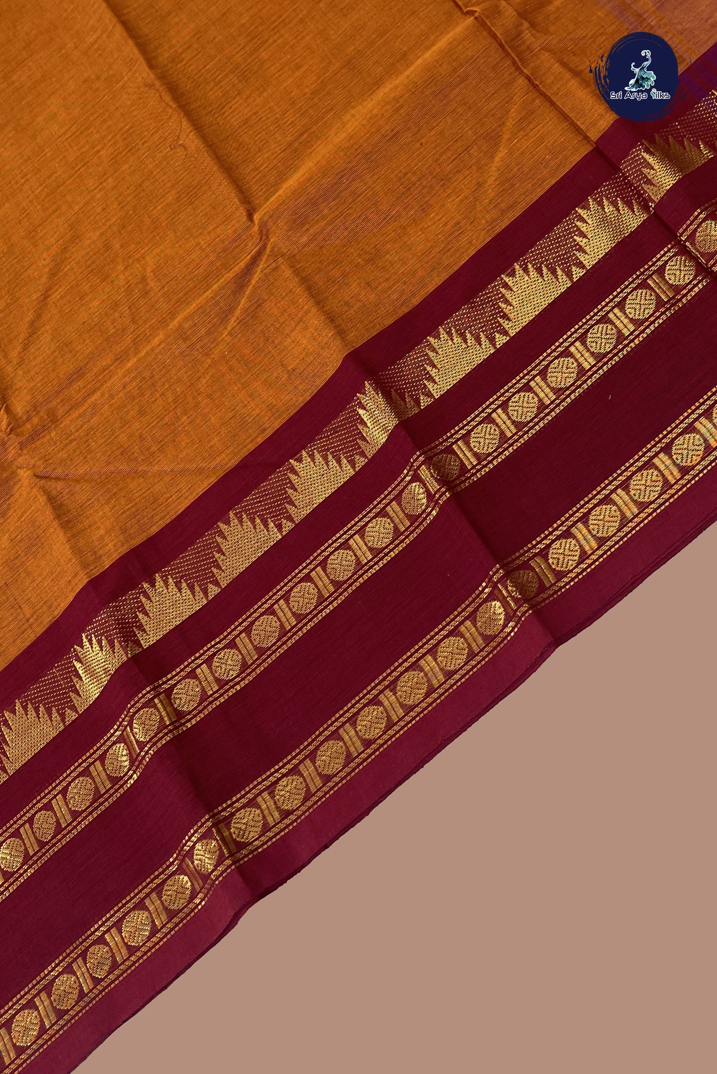 Rust Chettinad Cotton Saree With Plain Pattern